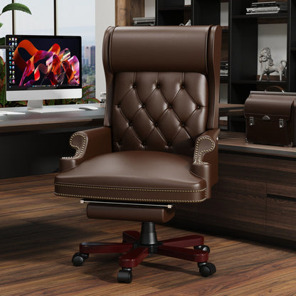 Fauteuil de bureau pivotant ergonomique en cuir synthétique marron avec repose-pieds, dossier capitonné et décoration cloutée