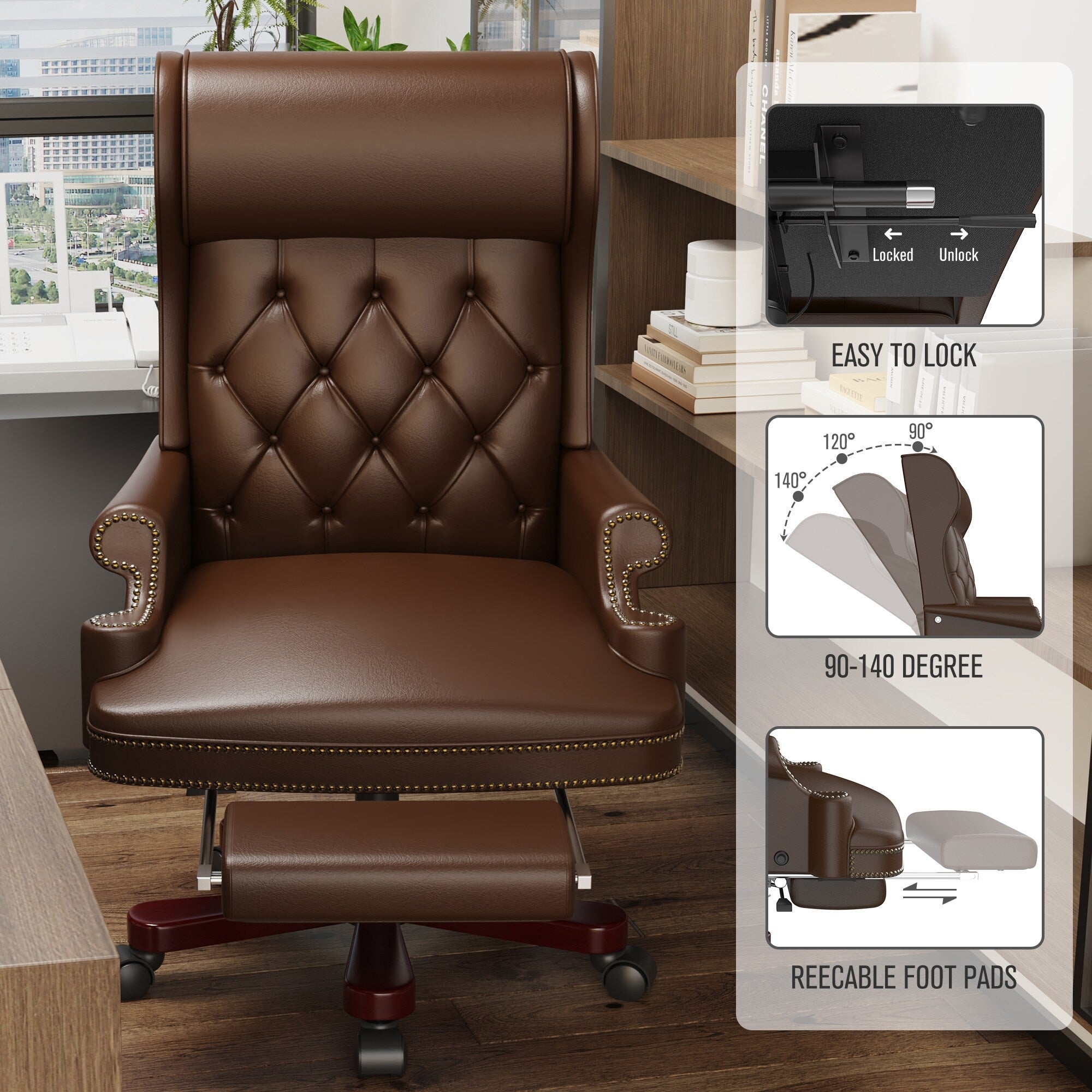 Fauteuil de bureau pivotant ergonomique en cuir synthétique marron avec repose-pieds, dossier capitonné et décoration cloutée