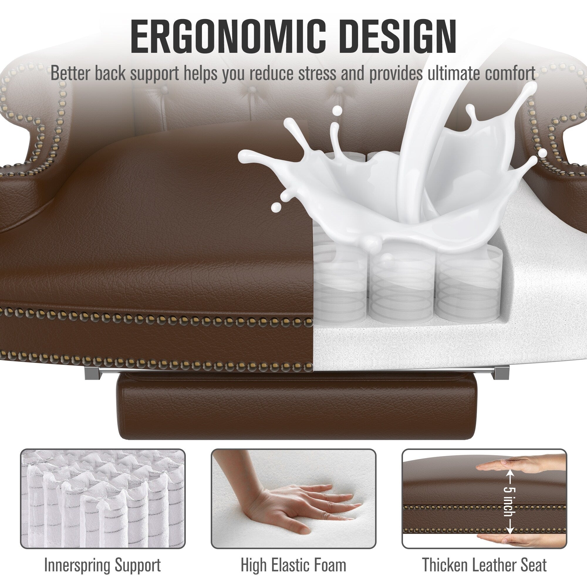 Fauteuil de bureau pivotant ergonomique en cuir synthétique marron avec repose-pieds, dossier capitonné et décoration cloutée