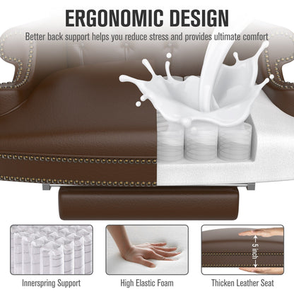 Fauteuil de bureau pivotant ergonomique en cuir synthétique marron avec repose-pieds, dossier capitonné et décoration cloutée