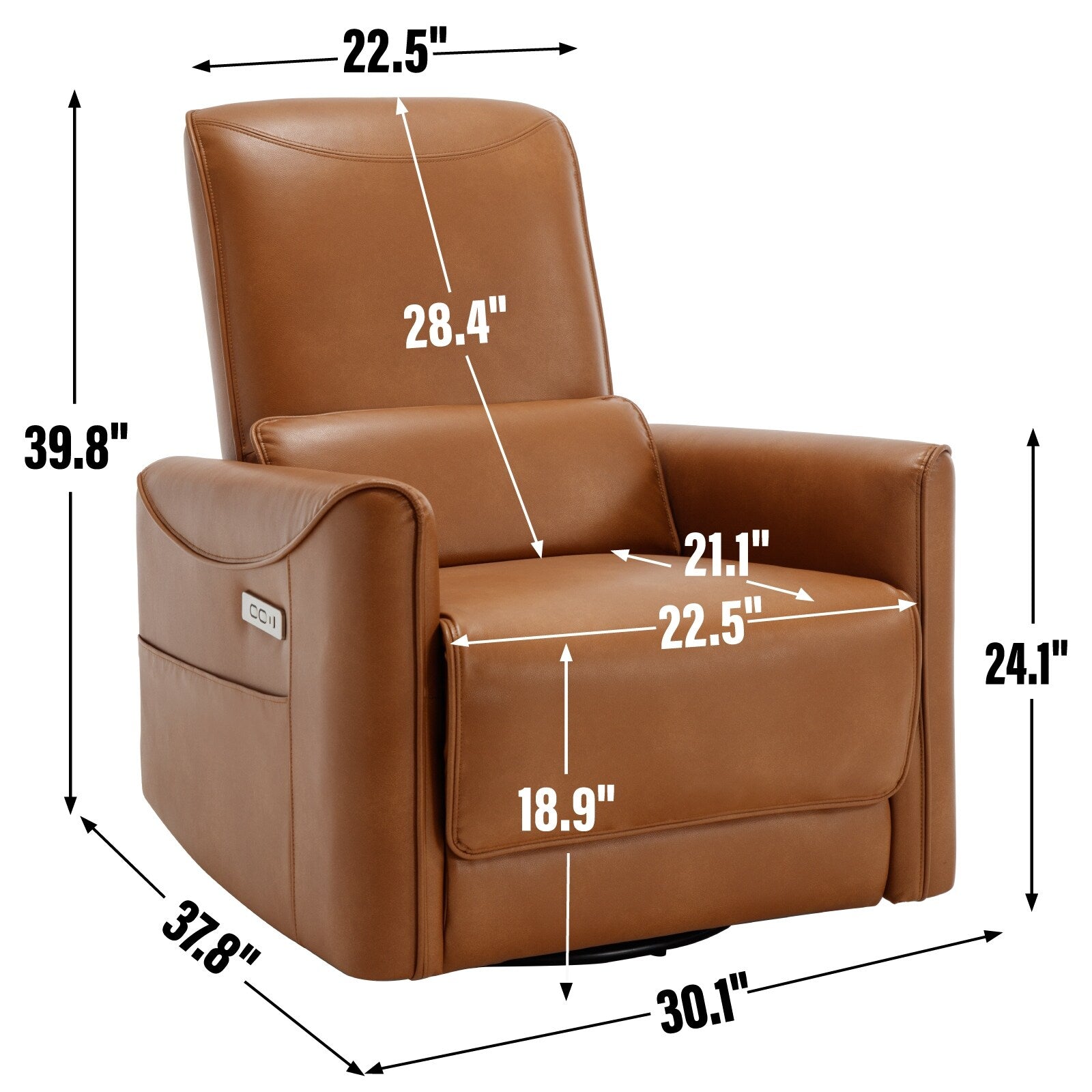 Fauteuil inclinable électrique ergonomique marron avec pivot à 270°, ports de charge USB et Type-C et support lombaire confortable