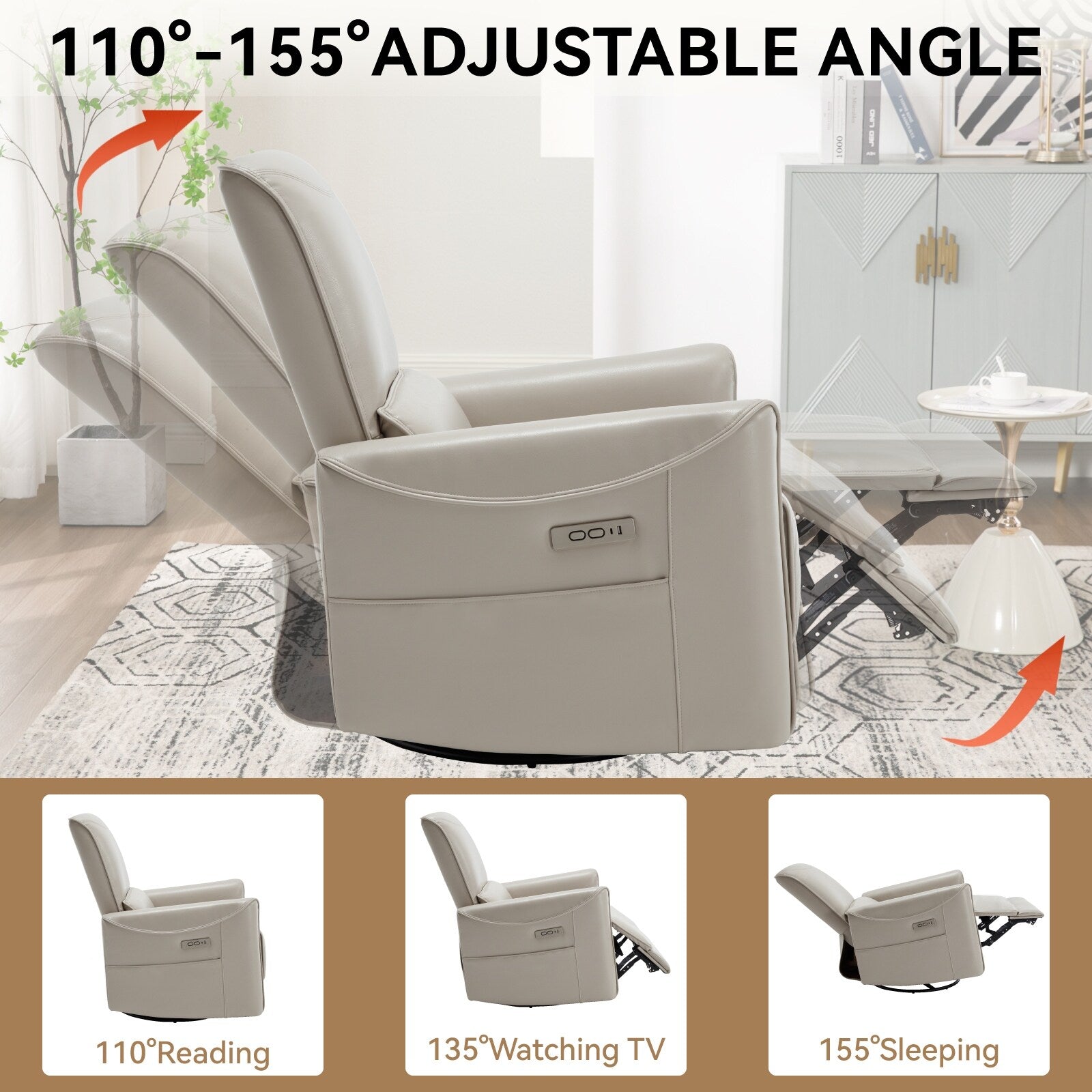 Fauteuil inclinable électrique ergonomique marron avec pivot à 270°, balancement doux, revêtement durable et chargement USB et Type-C