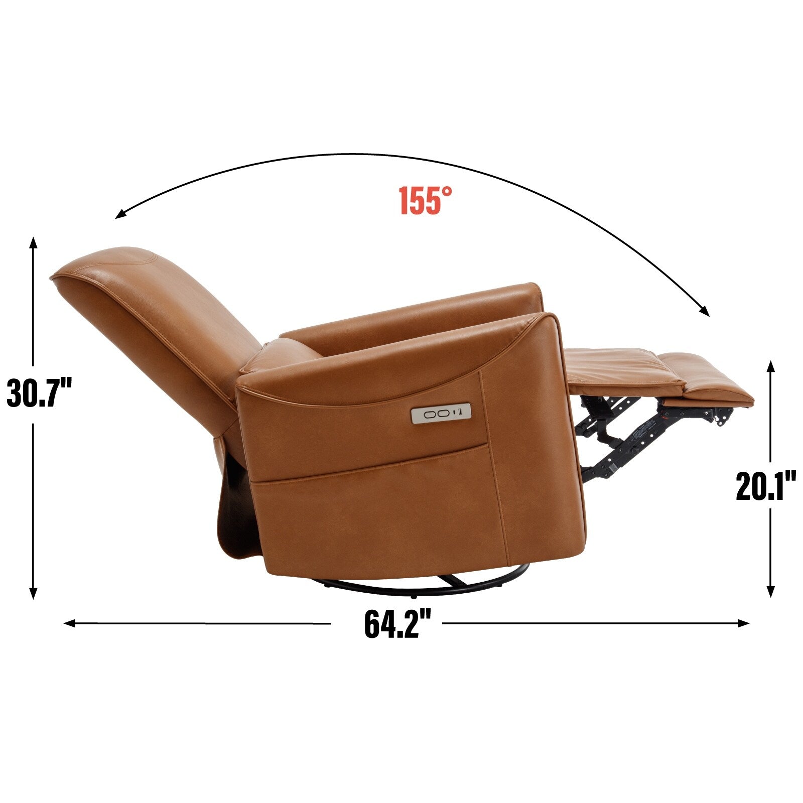 Fauteuil inclinable électrique ergonomique marron avec pivot à 270°, ports de charge USB et Type-C et support lombaire