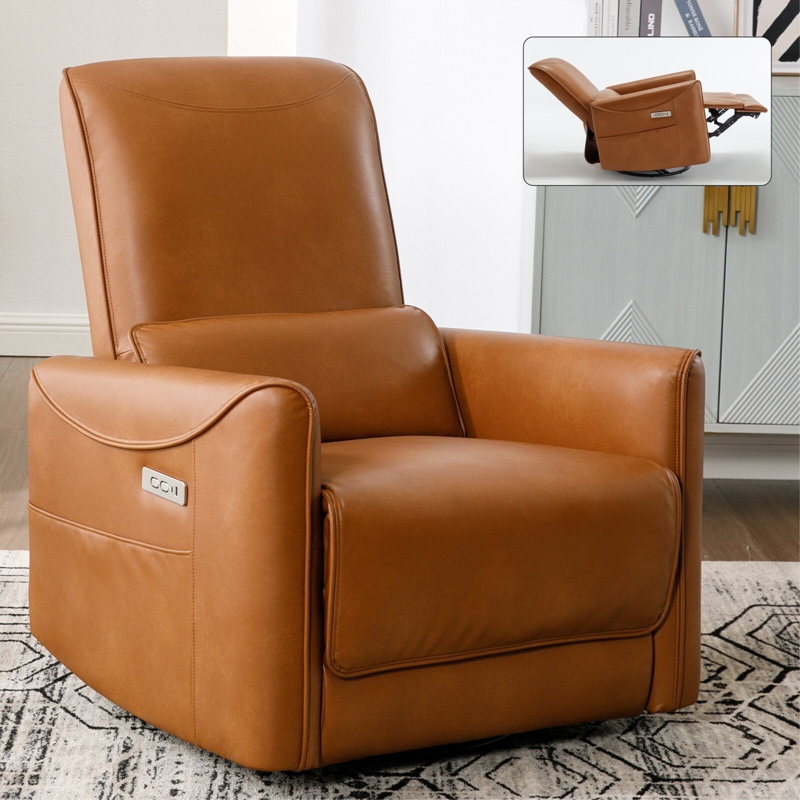 Fauteuil inclinable électrique ergonomique marron avec pivot à 270°, ports de charge USB et Type-C et support lombaire