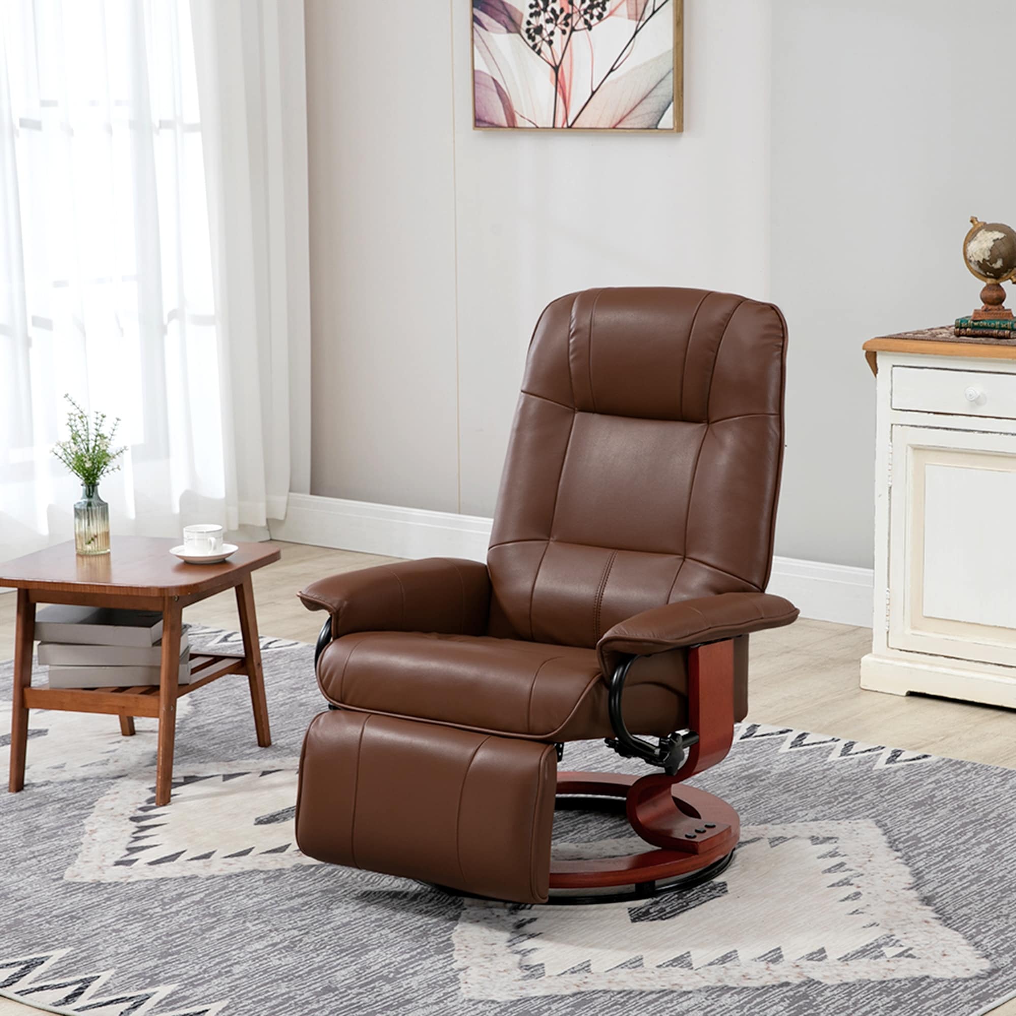 Fauteuil inclinable manuel réglable en similicuir marron avec base pivotante, repose-pieds et accoudoirs pour salon