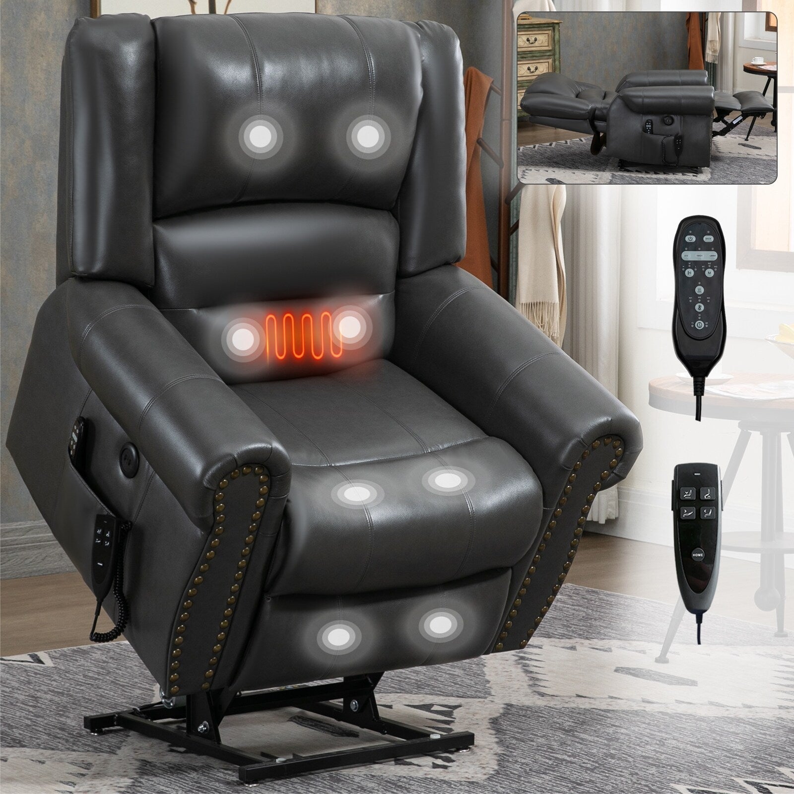 Fauteuil inclinable releveur en similicuir marron avec massage thermique, accès USB et plusieurs réglages d'inclinaison