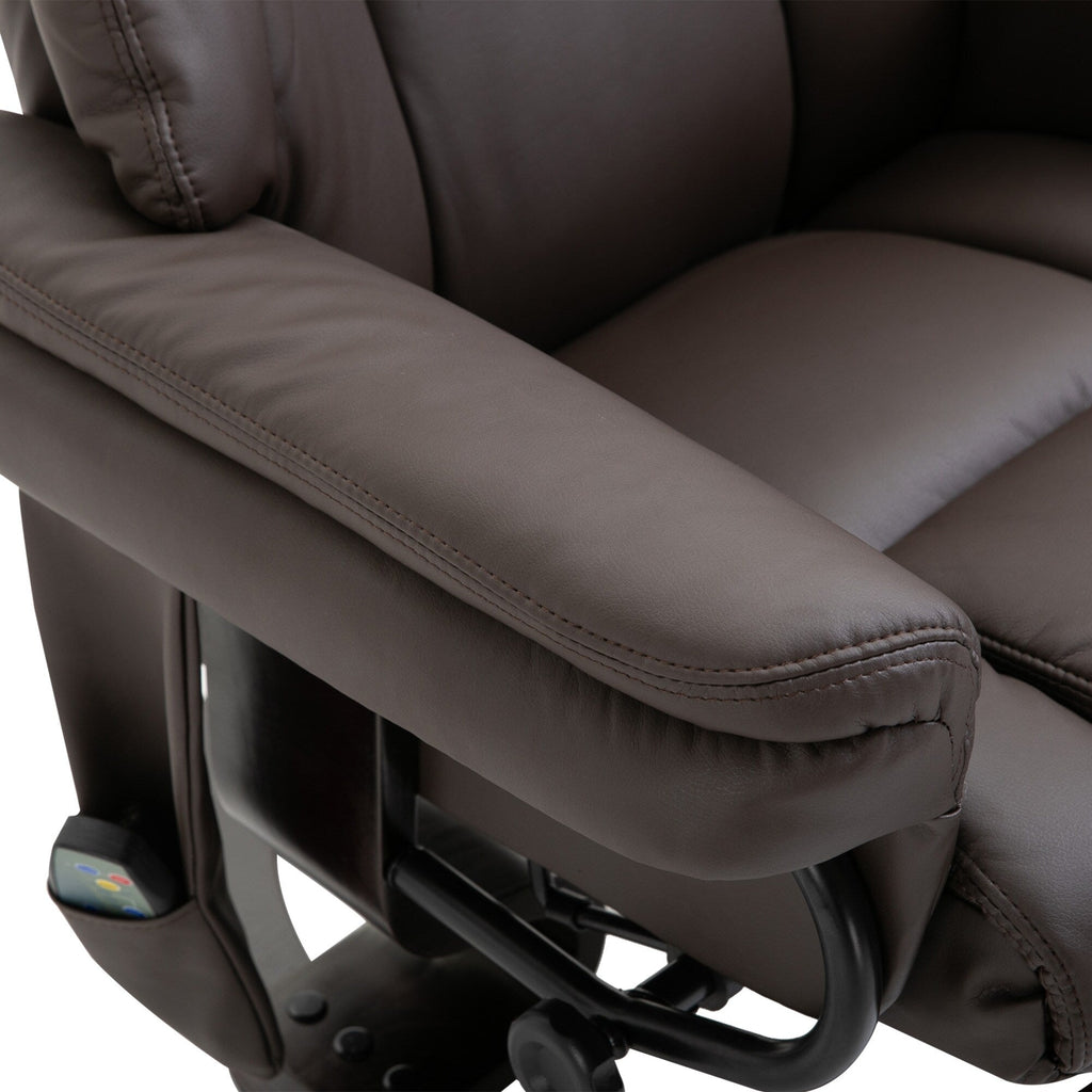 Fauteuil inclinable de massage en similicuir marron avec repose-pieds ottoman, pivotant à 360° et télécommande