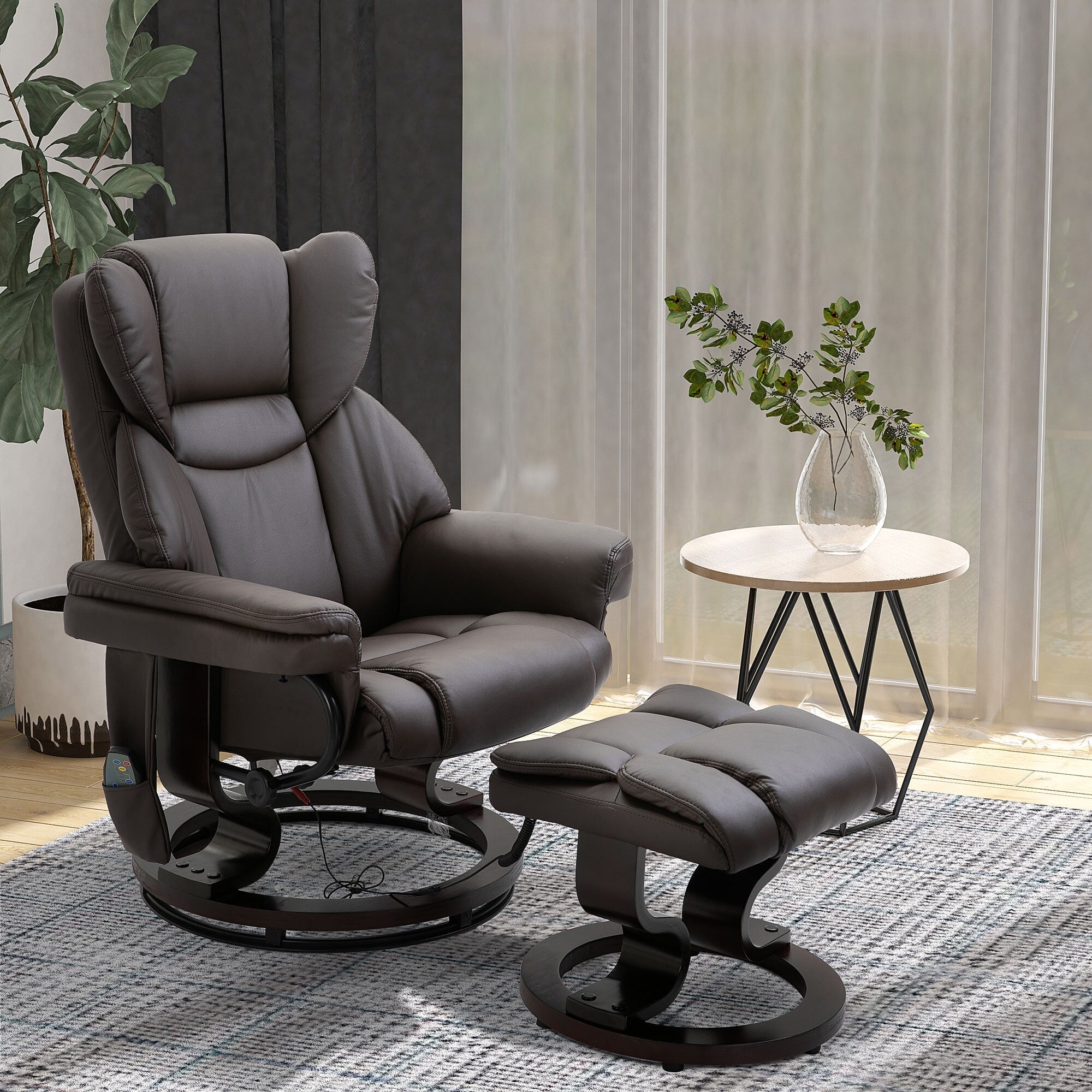 Fauteuil inclinable de massage en similicuir marron avec repose-pieds ottoman, pivotant à 360° et télécommande