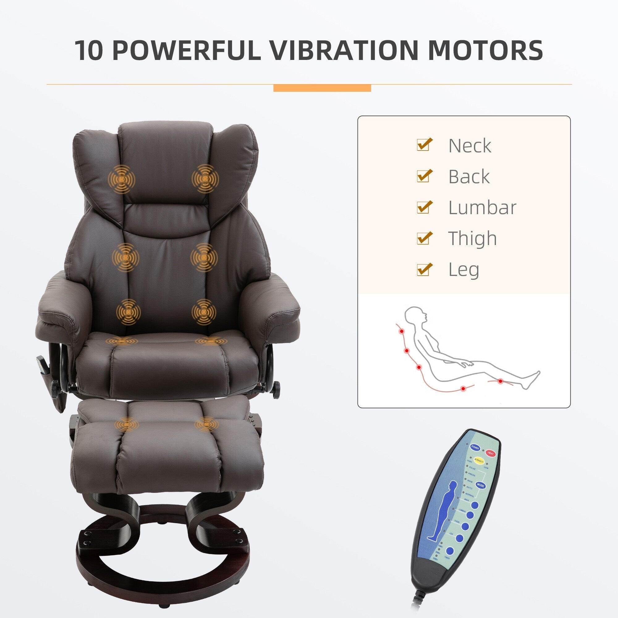 Fauteuil inclinable de massage en similicuir marron avec repose-pieds ottoman, pivotant à 360° et télécommande