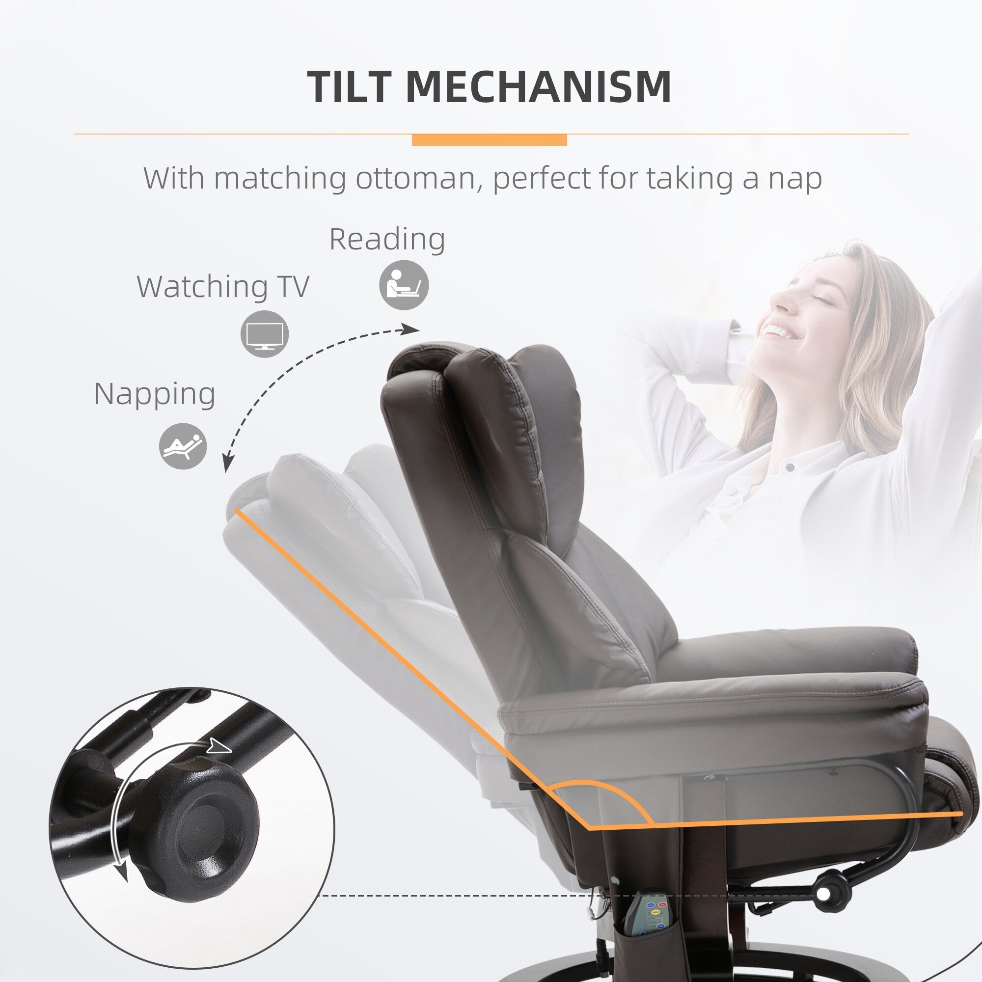 Fauteuil inclinable de massage en similicuir marron avec repose-pieds ottoman, pivotant à 360° et télécommande