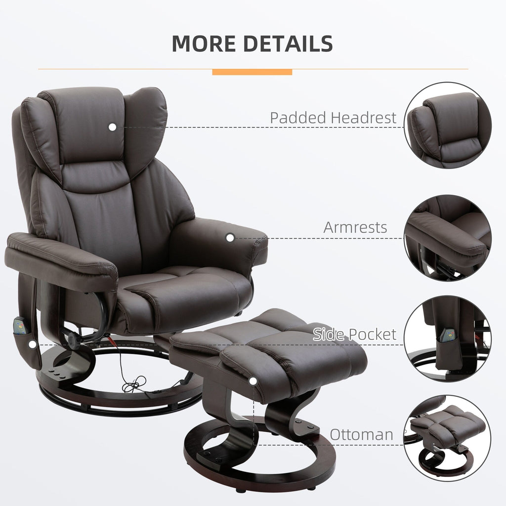 Fauteuil inclinable de massage en similicuir marron avec repose-pieds ottoman, pivotant à 360° et télécommande