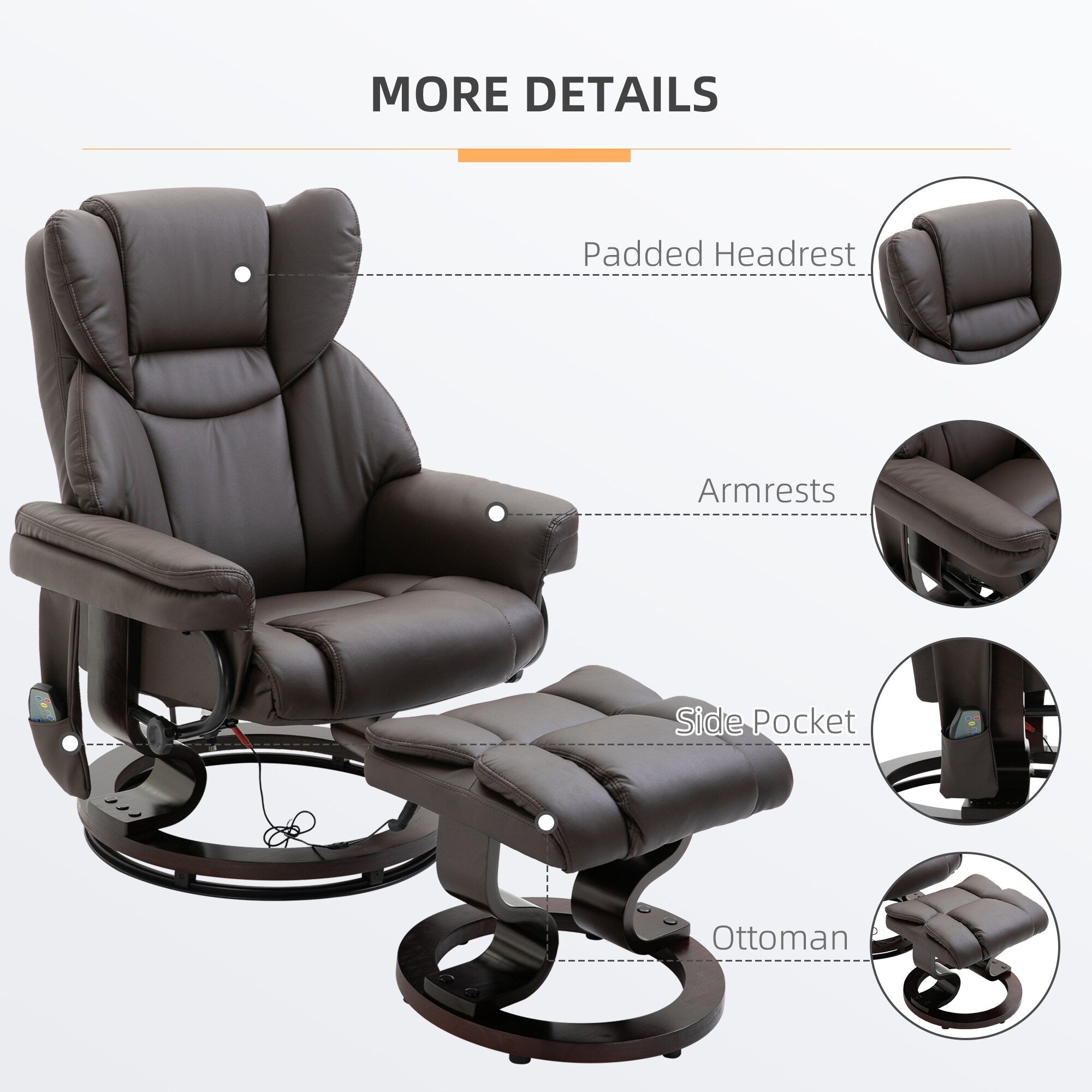 Fauteuil inclinable de massage en similicuir marron avec repose-pieds ottoman, pivotant à 360° et télécommande