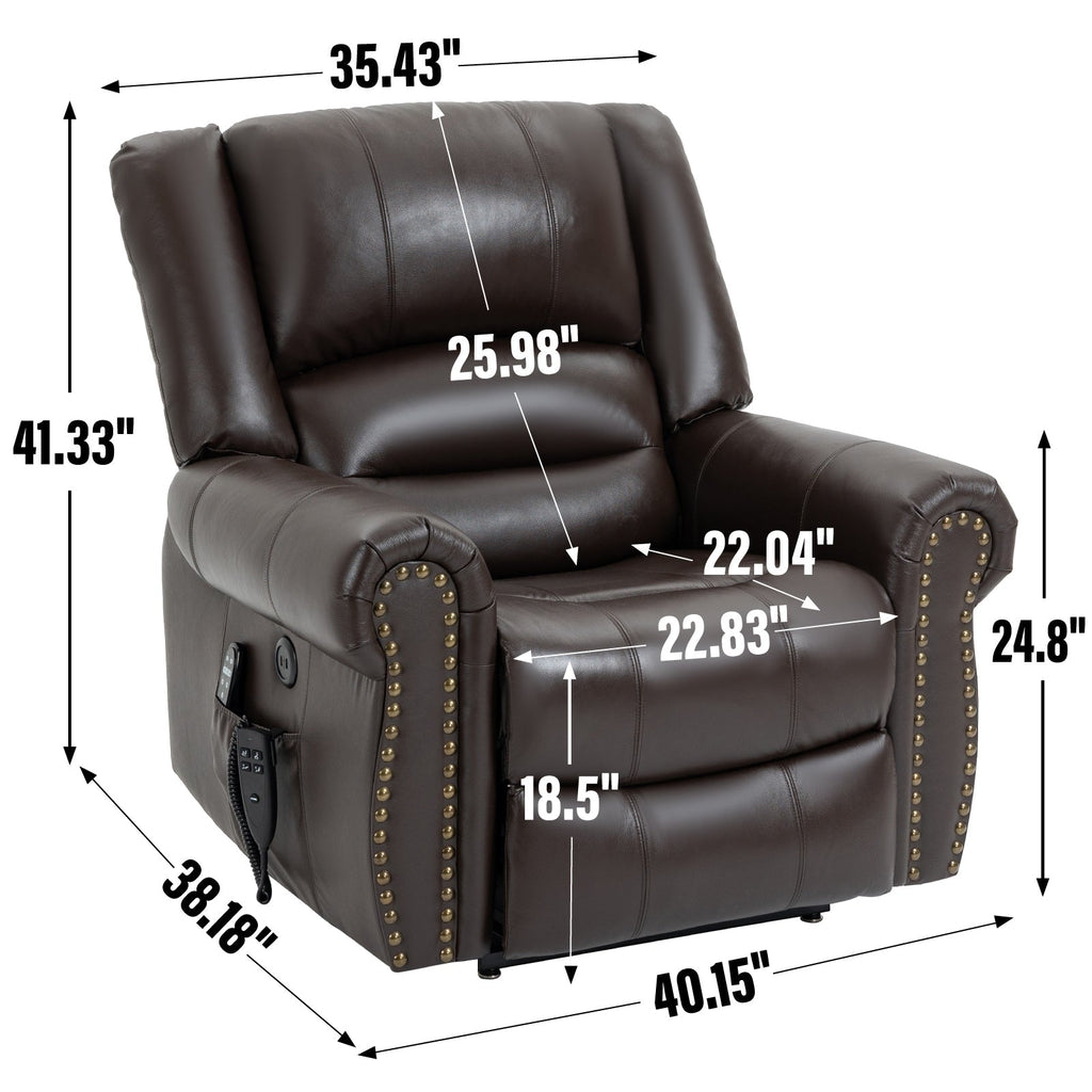 Fauteuil inclinable électrique en cuir véritable marron avec deux moteurs, massage chauffant, ports USB et inclinaison réglable