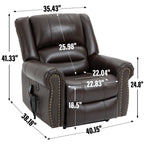 Fauteuil inclinable électrique en cuir véritable marron avec deux moteurs, massage chauffant, ports USB et inclinaison réglable