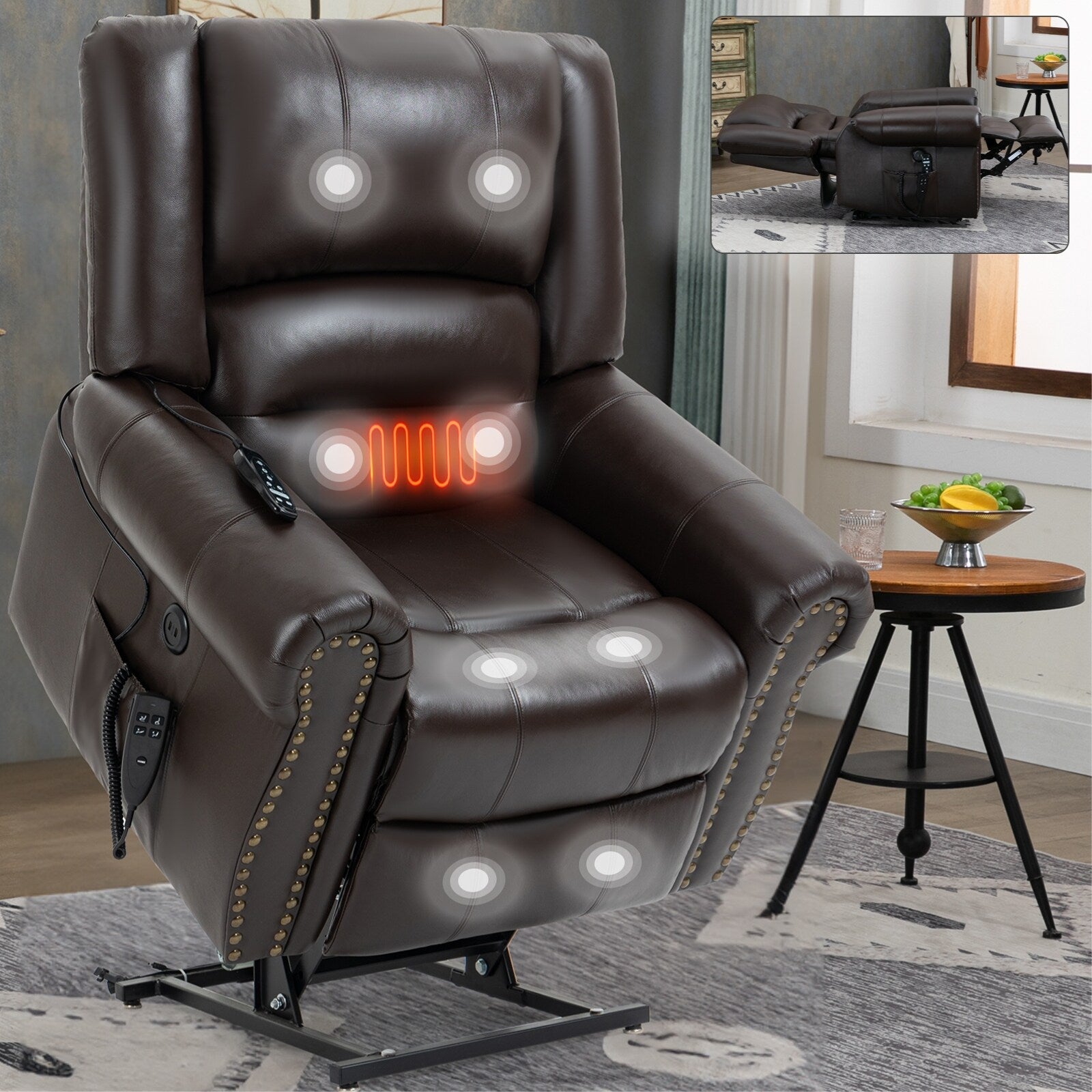 Fauteuil inclinable électrique en cuir véritable marron avec deux moteurs, massage chauffant, ports USB et fonction d'inclinaison complète