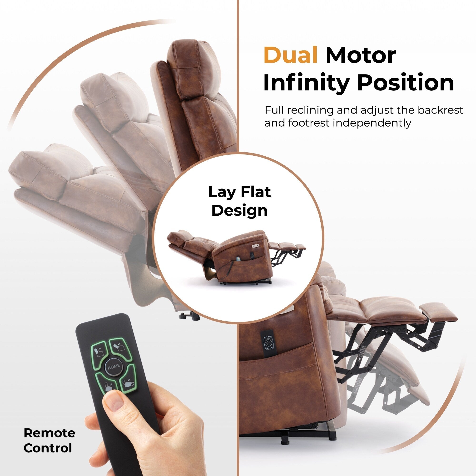 Fauteuil inclinable électrique en cuir marron avec massage 8 points, chauffage lombaire, ports USB et Type-C, conception à plat