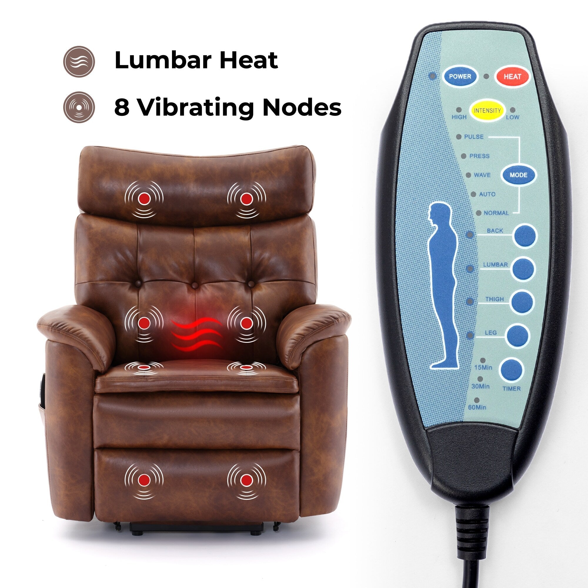 Fauteuil inclinable électrique en cuir marron avec massage 8 points, chauffage lombaire, ports USB et Type-C, conception à plat