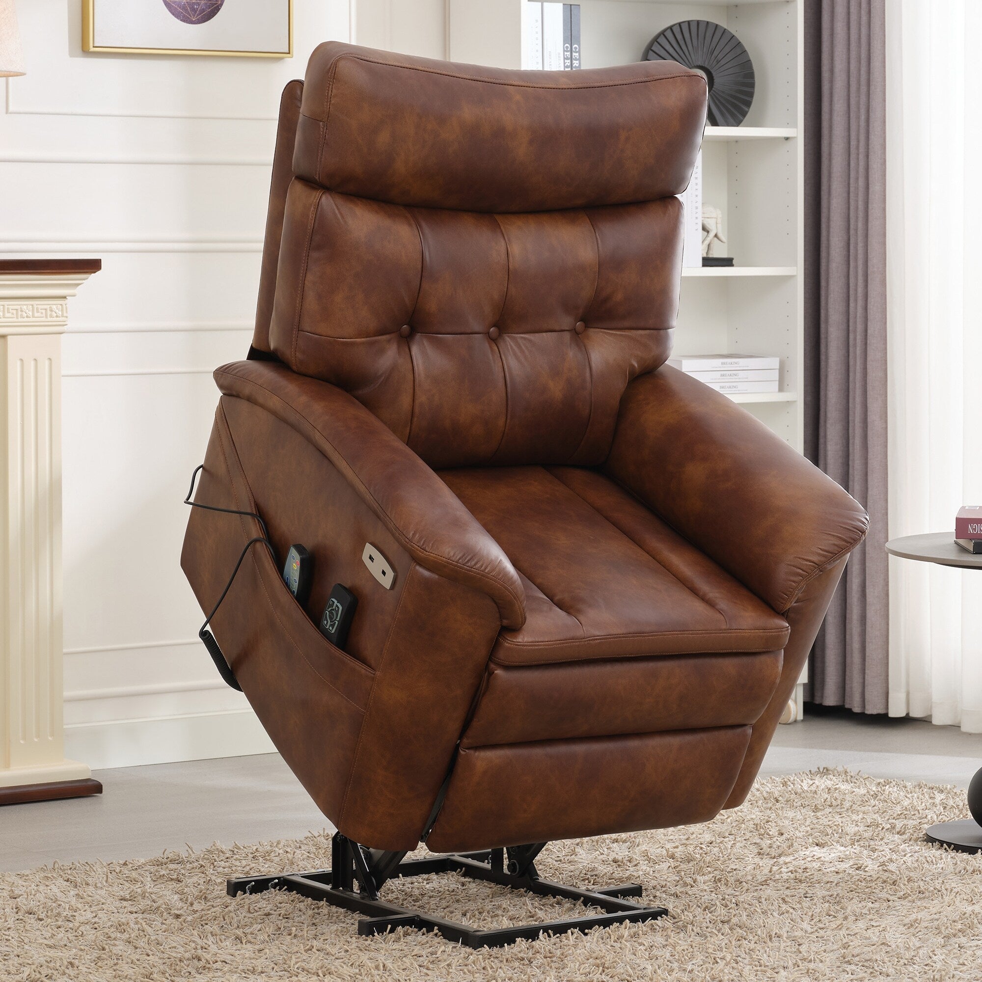 Fauteuil inclinable électrique en cuir marron avec massage 8 points, chauffage lombaire, ports USB et Type-C, conception à plat