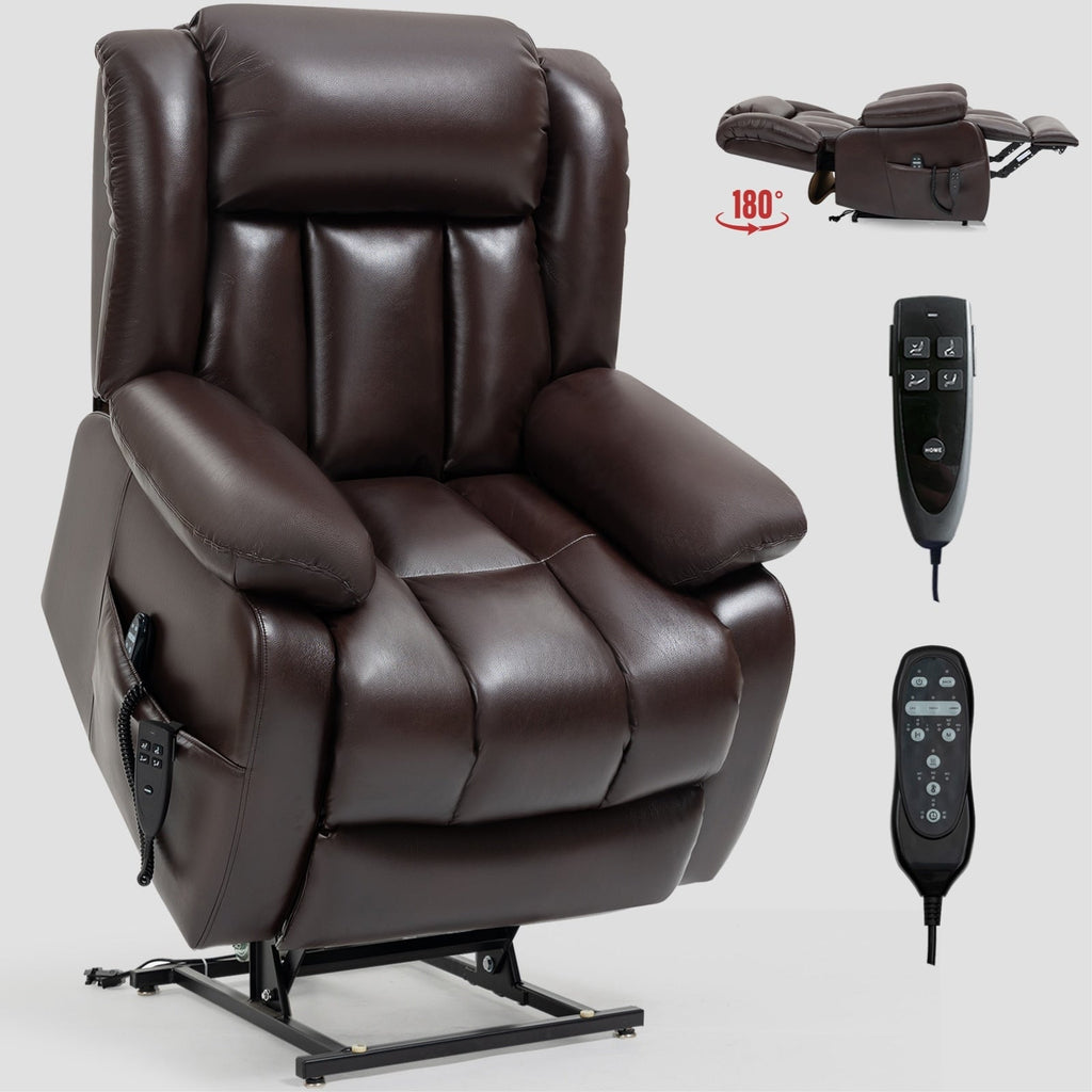 Fauteuil inclinable électrique marron de taille moyenne en cuir véritable avec deux moteurs, massage 8 points et chauffage lombaire