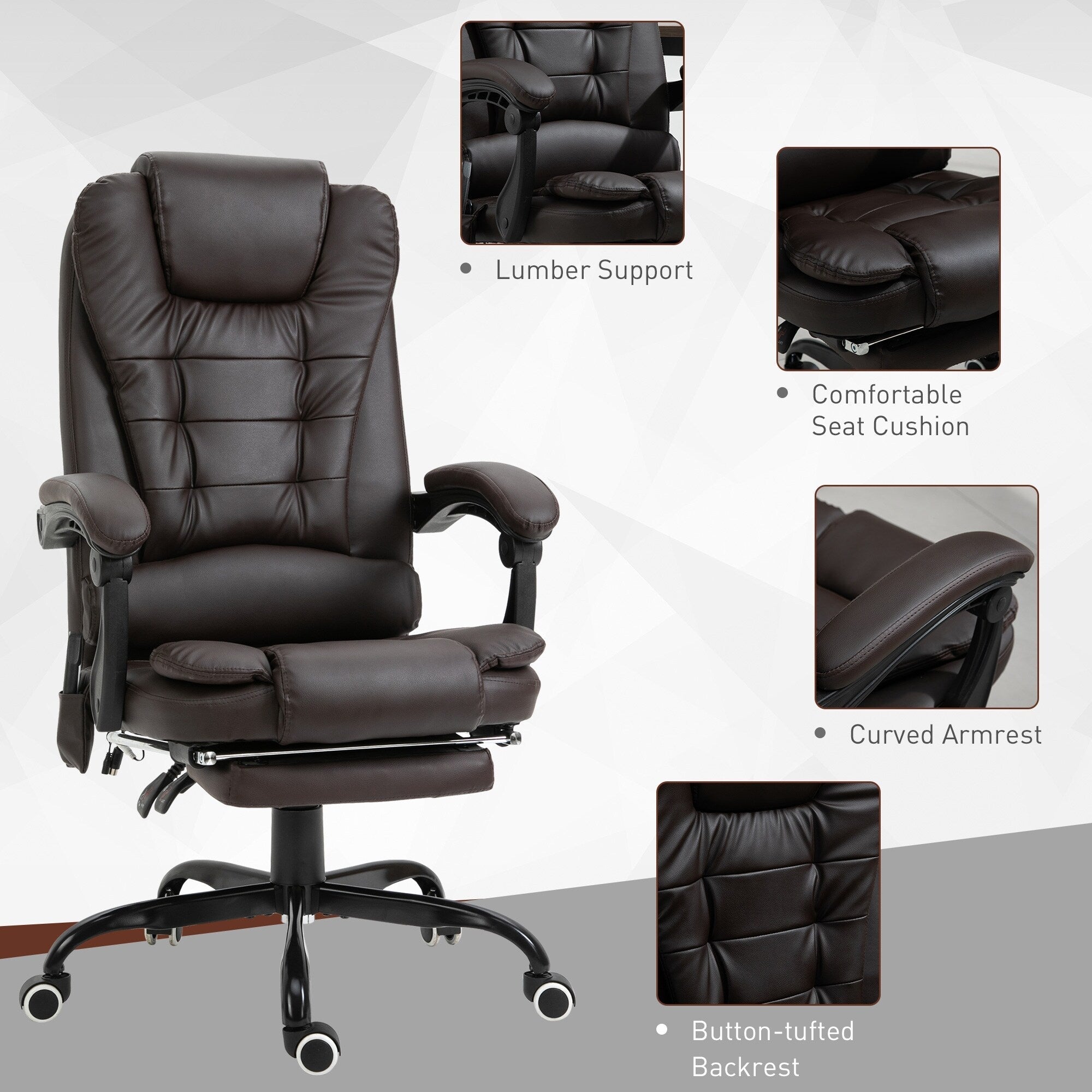 Fauteuil de bureau inclinable pivotant à 360° en cuir synthétique marron avec massage vibrant à 7 points, repose-pieds, soutien lombaire et hauteur réglable