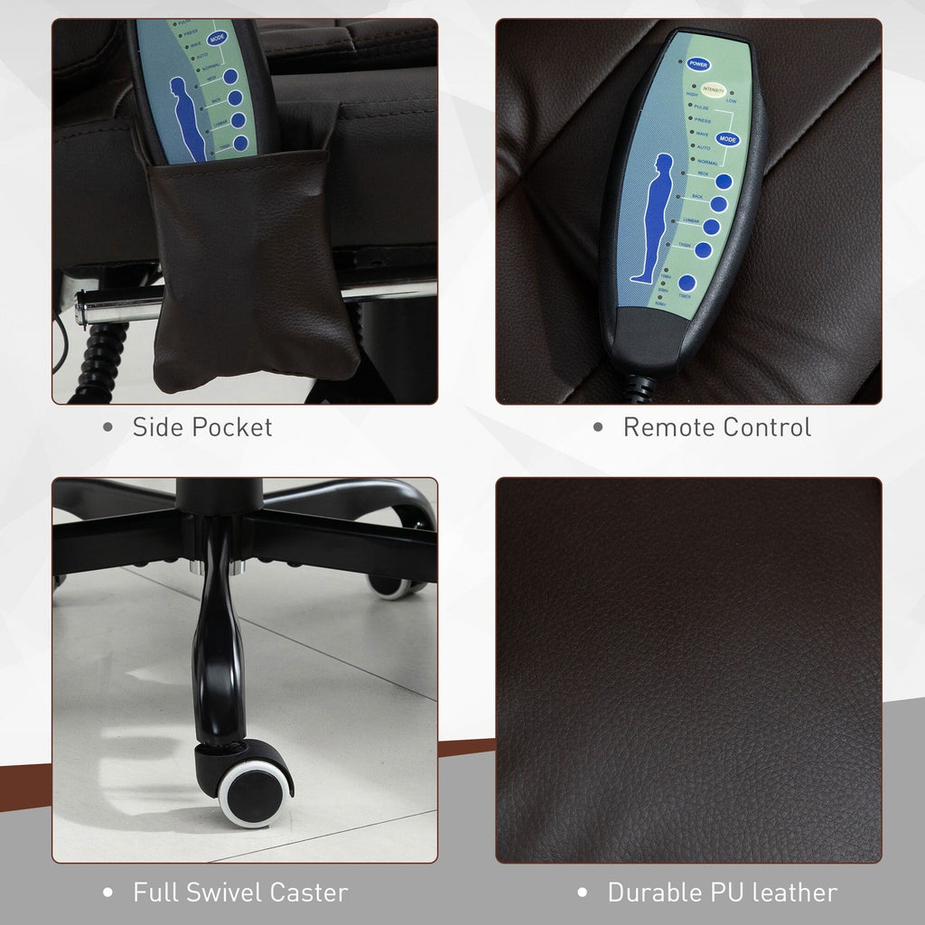 Fauteuil de bureau inclinable pivotant à 360° en cuir synthétique marron avec massage vibrant à 7 points, repose-pieds, soutien lombaire et hauteur réglable