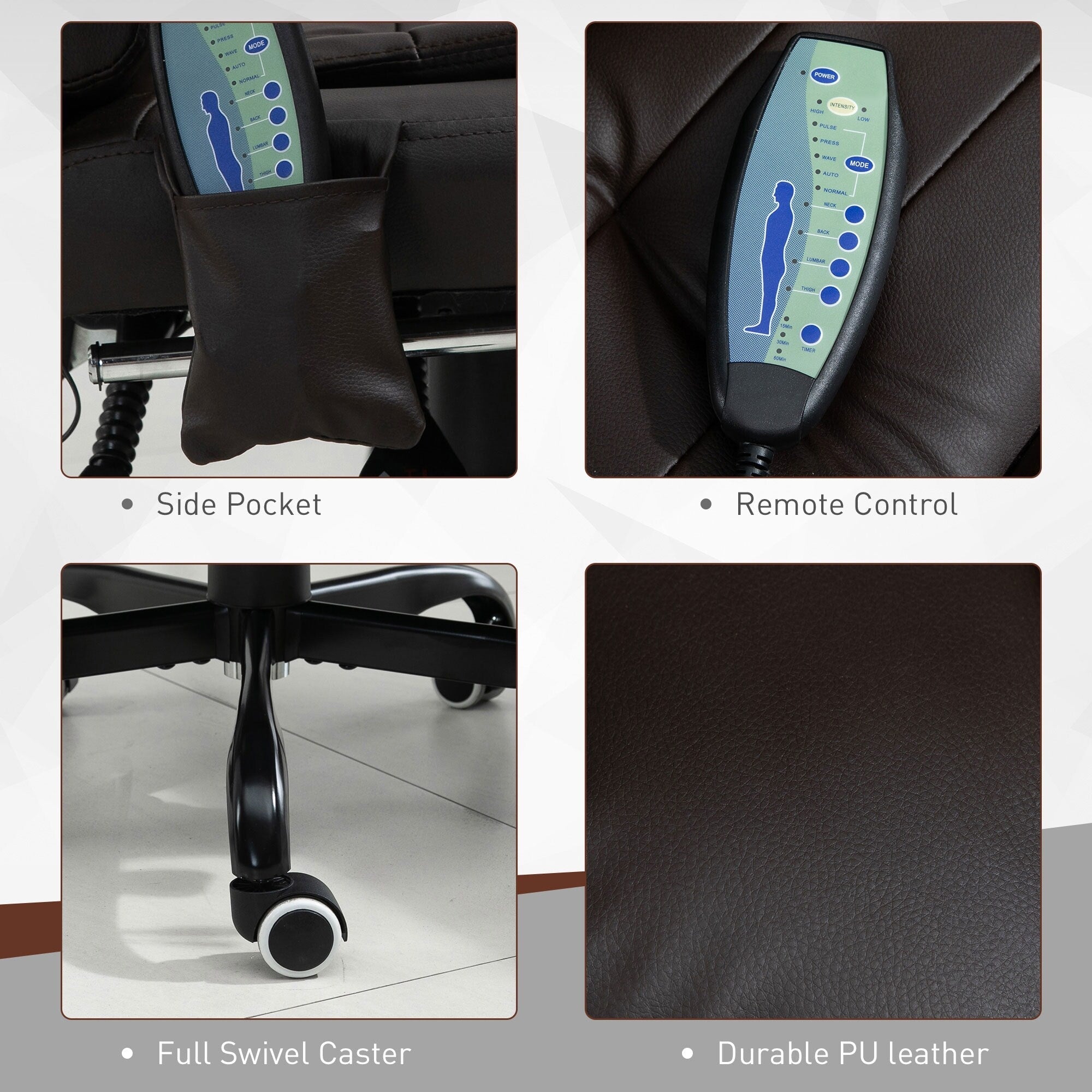 Fauteuil de bureau inclinable pivotant à 360° en cuir synthétique marron avec massage vibrant à 7 points, repose-pieds, soutien lombaire et hauteur réglable
