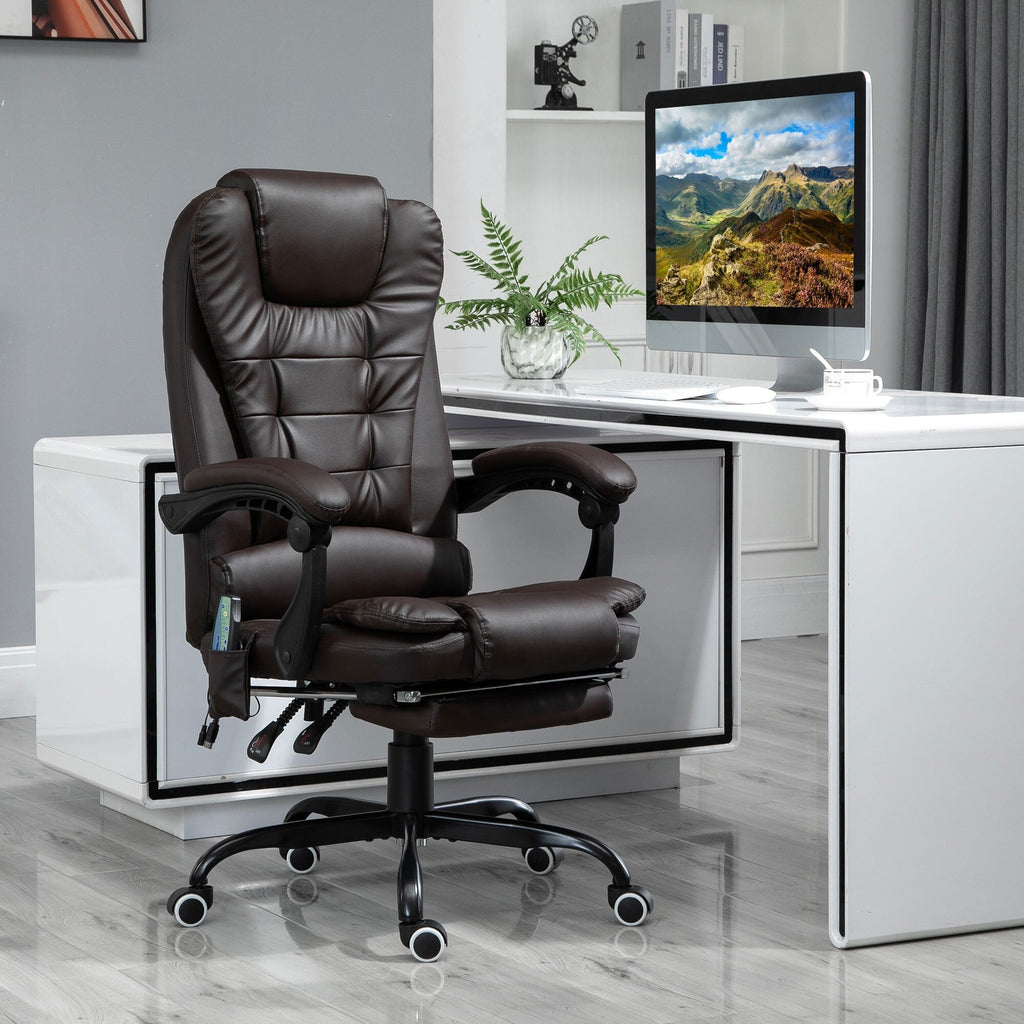 Fauteuil de bureau inclinable pivotant à 360° en cuir synthétique marron avec massage vibrant à 7 points, repose-pieds, soutien lombaire et hauteur réglable