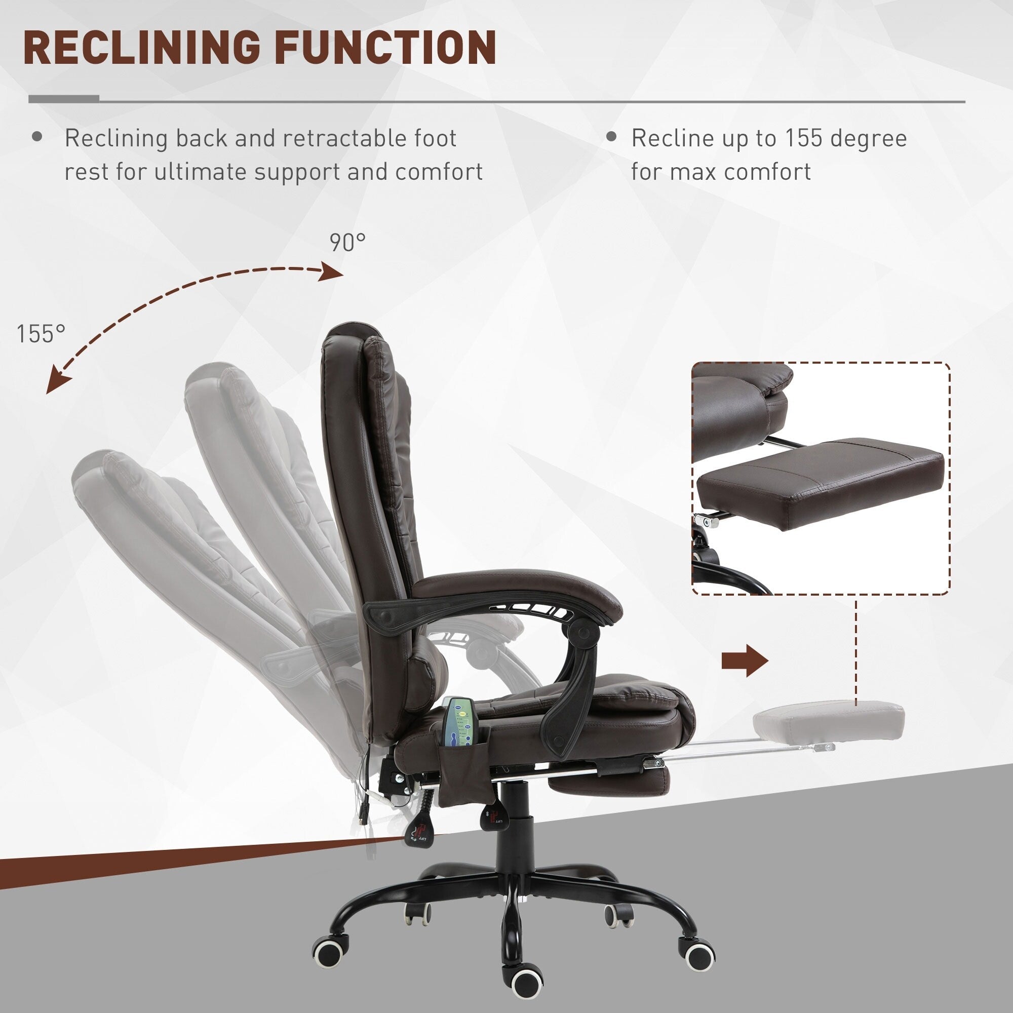 Fauteuil de bureau inclinable pivotant à 360° en cuir synthétique marron avec massage vibrant à 7 points, repose-pieds, soutien lombaire et hauteur réglable