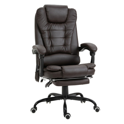 Fauteuil de bureau inclinable pivotant à 360° en cuir synthétique marron avec massage vibrant à 7 points, repose-pieds, soutien lombaire et hauteur réglable