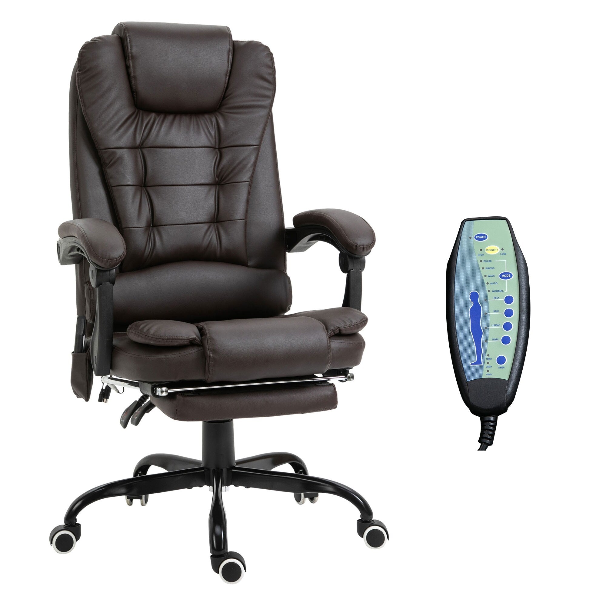 Fauteuil de bureau inclinable pivotant à 360° en cuir synthétique marron avec massage vibrant à 7 points, repose-pieds, soutien lombaire et hauteur réglable