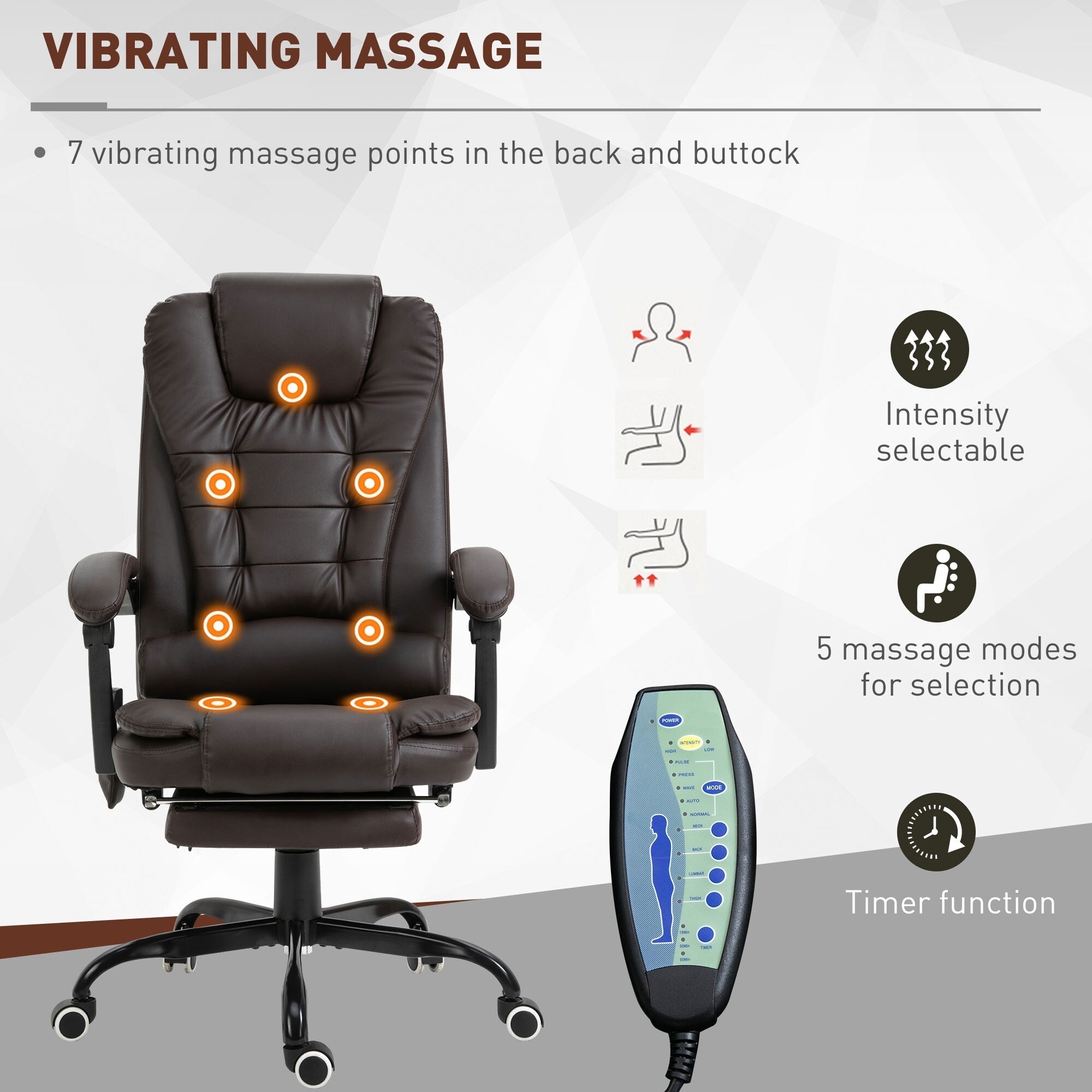 Fauteuil de bureau inclinable pivotant à 360° en cuir synthétique marron avec massage vibrant à 7 points, repose-pieds, soutien lombaire et hauteur réglable