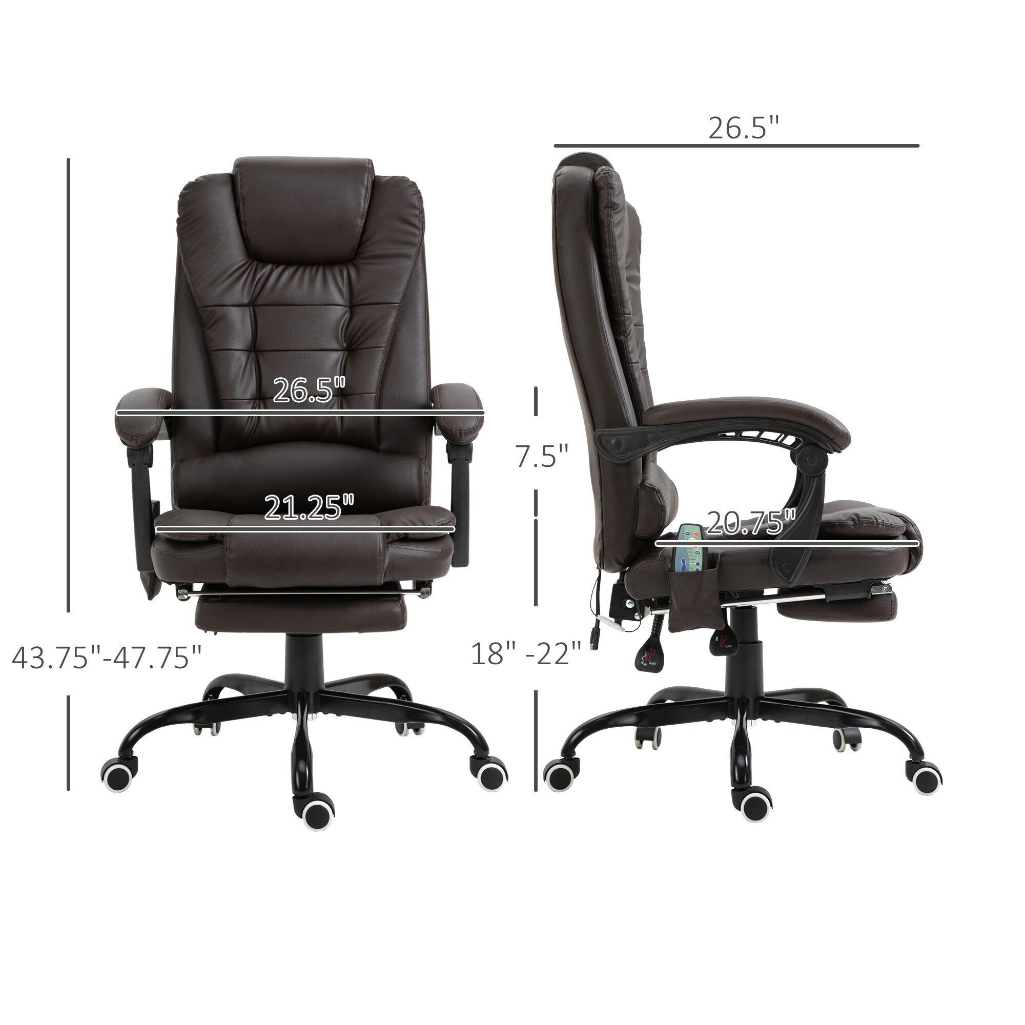 Fauteuil de bureau inclinable pivotant à 360° en cuir synthétique marron avec massage vibrant à 7 points, repose-pieds, soutien lombaire et hauteur réglable