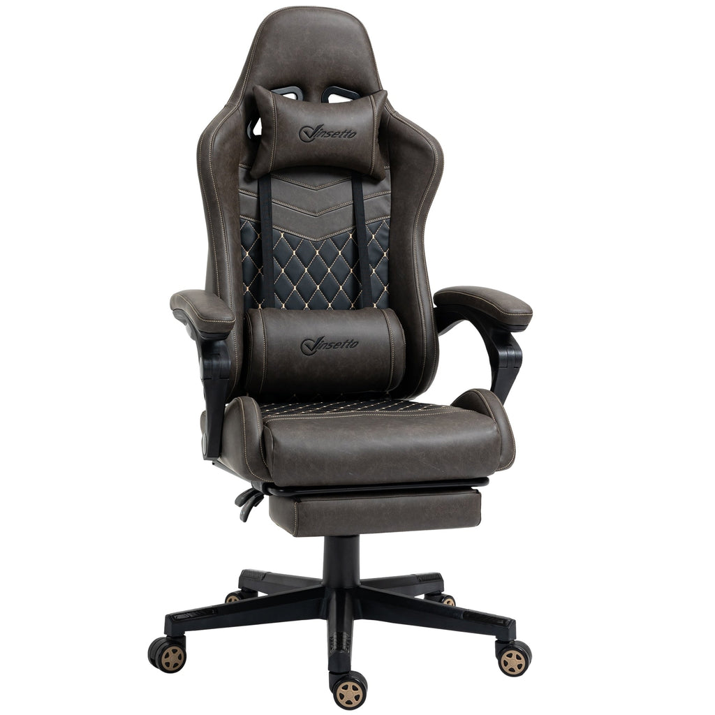 Fauteuil de jeu inclinable pivotant à 360° en cuir synthétique marron avec repose-pieds, appui-tête, soutien lombaire et hauteur réglable