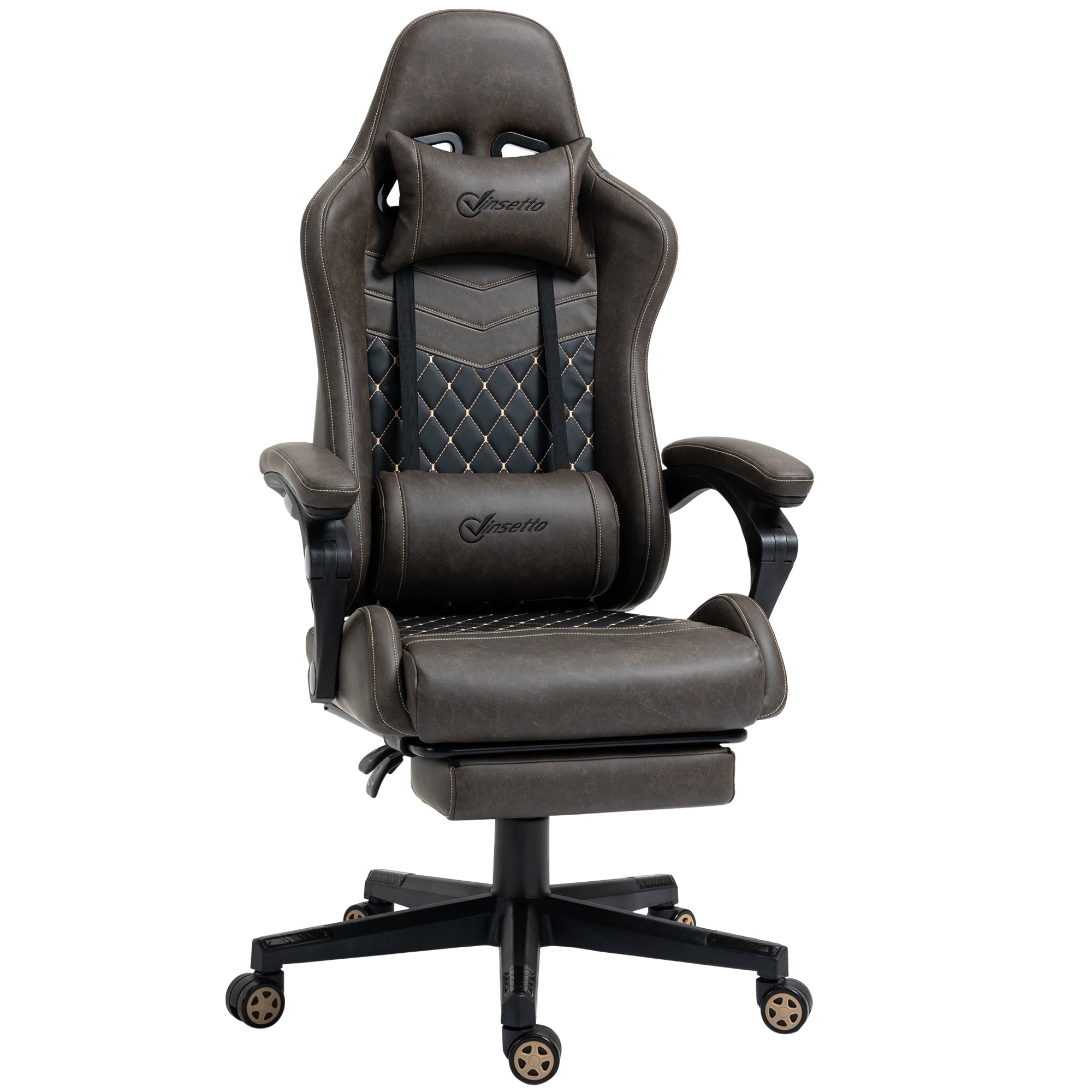 Fauteuil de jeu inclinable pivotant à 360° en cuir synthétique marron avec repose-pieds, appui-tête, soutien lombaire et hauteur réglable