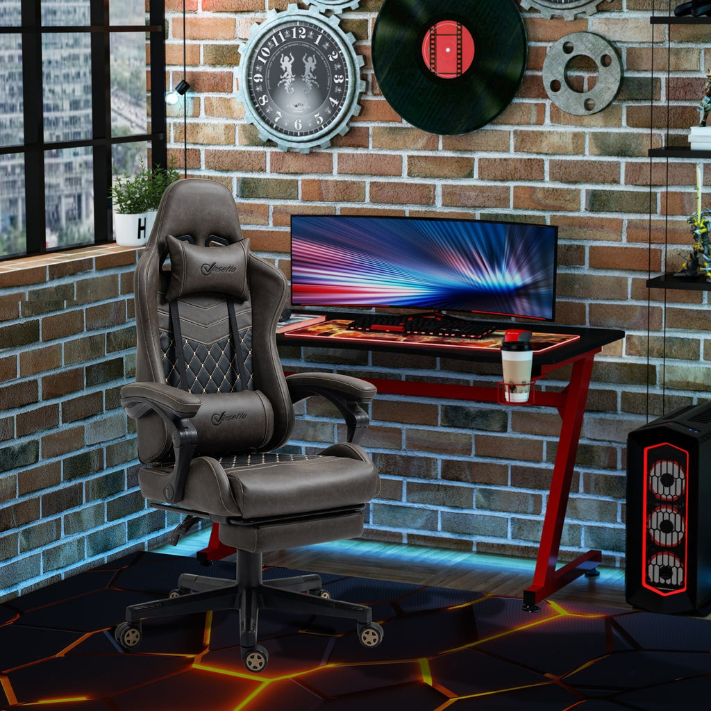 Fauteuil de jeu inclinable pivotant à 360° en cuir synthétique marron avec repose-pieds, appui-tête, soutien lombaire et hauteur réglable
