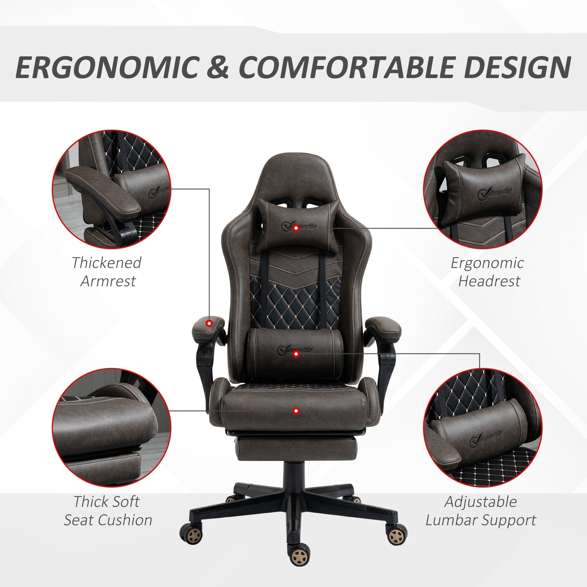 Fauteuil de jeu inclinable pivotant à 360° en cuir synthétique marron avec repose-pieds, appui-tête, soutien lombaire et hauteur réglable