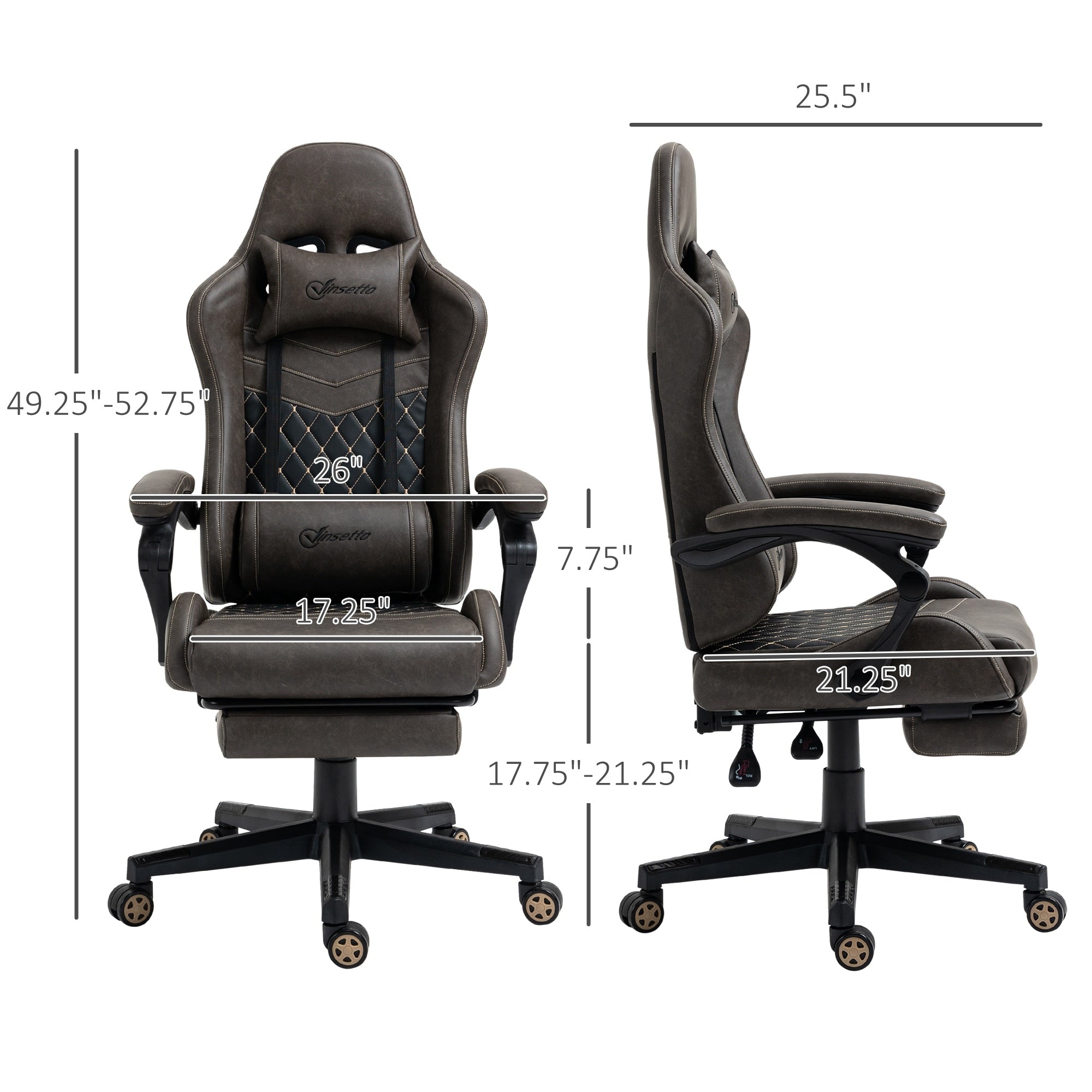 Fauteuil de jeu inclinable pivotant à 360° en cuir synthétique marron avec repose-pieds, appui-tête, soutien lombaire et hauteur réglable