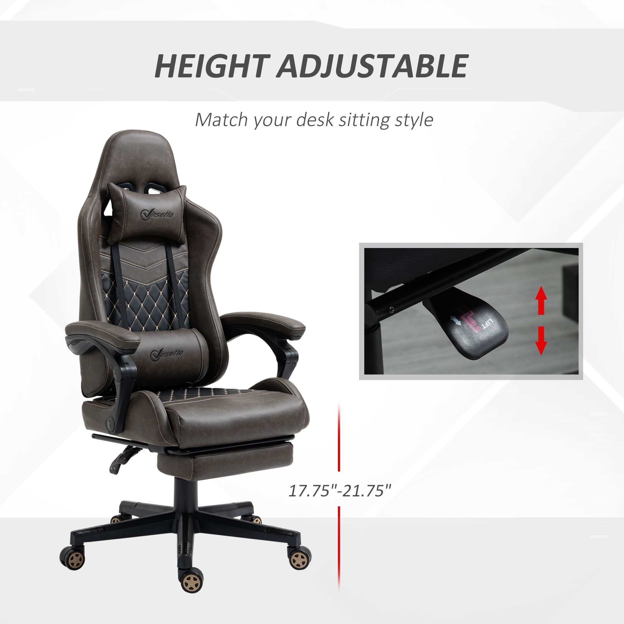 Fauteuil de jeu inclinable pivotant à 360° en cuir synthétique marron avec repose-pieds, appui-tête, soutien lombaire et hauteur réglable