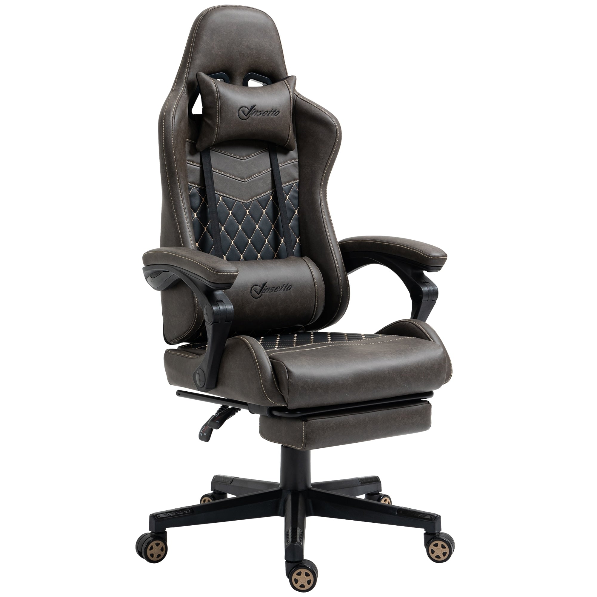 Fauteuil de jeu inclinable pivotant à 360° en cuir synthétique marron avec repose-pieds, appui-tête, soutien lombaire et hauteur réglable