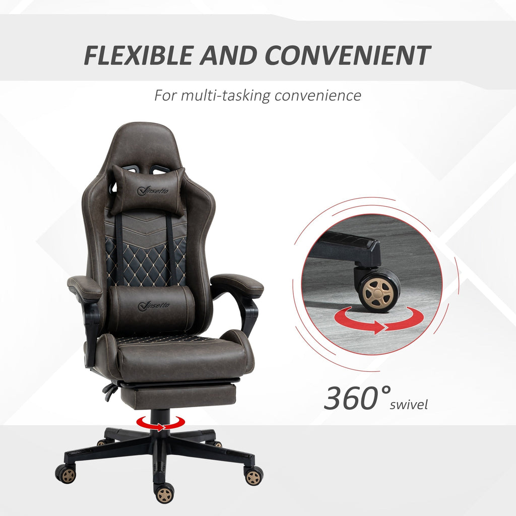 Fauteuil de jeu inclinable pivotant à 360° en cuir synthétique marron avec repose-pieds, appui-tête, soutien lombaire et hauteur réglable