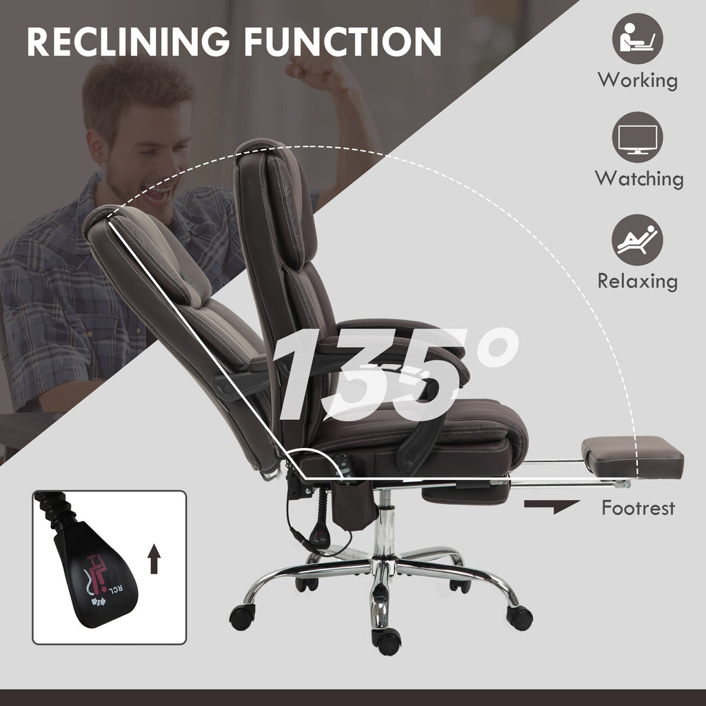Fauteuil de bureau massant en cuir synthétique marron avec fonction inclinable chauffante, hauteur réglable et repose-pieds