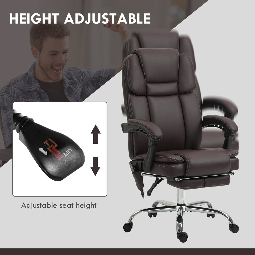 Fauteuil de bureau massant en cuir synthétique marron avec fonction inclinable chauffante, hauteur réglable et repose-pieds