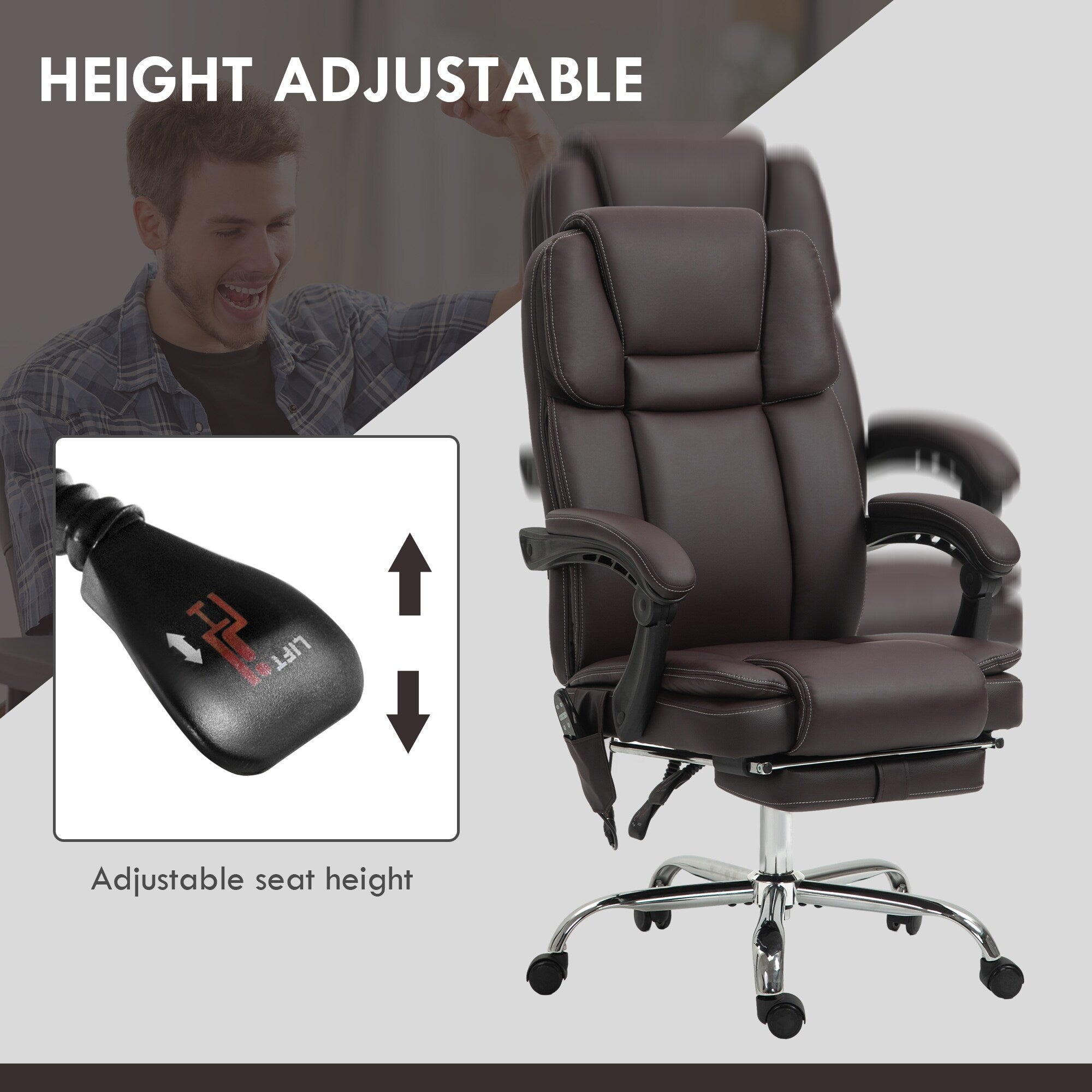 Fauteuil de bureau massant en cuir synthétique marron avec fonction inclinable chauffante, hauteur réglable et repose-pieds