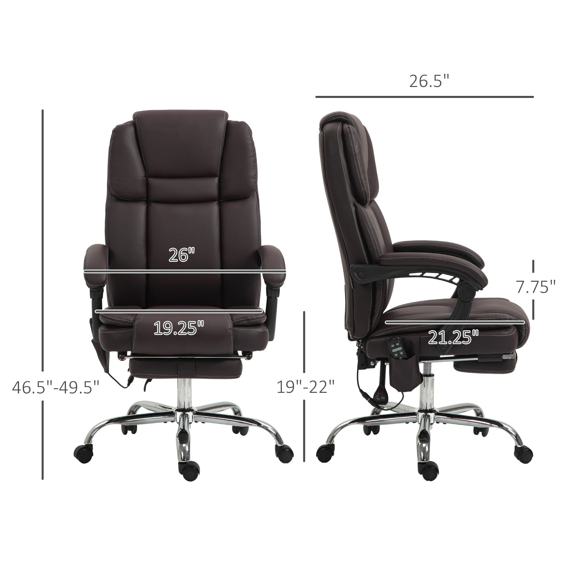 Fauteuil de bureau massant en cuir synthétique marron avec fonction inclinable chauffante, hauteur réglable et repose-pieds