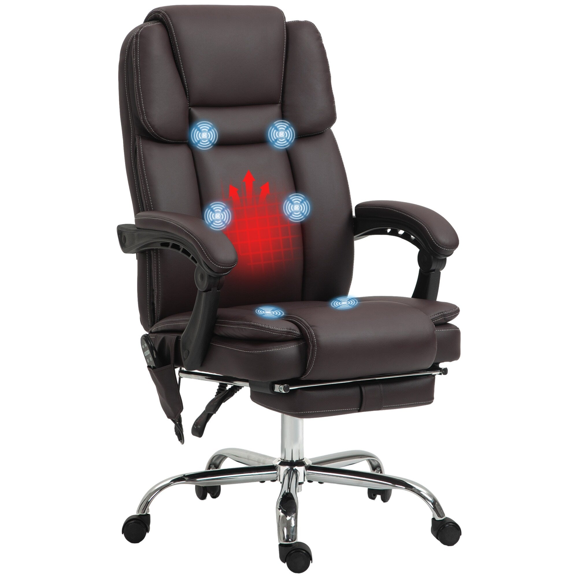 Fauteuil de bureau massant en cuir synthétique marron avec fonction inclinable chauffante, hauteur réglable et repose-pieds