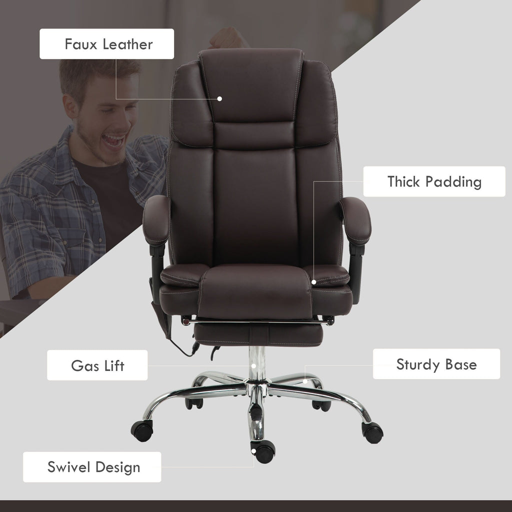 Fauteuil de bureau massant en cuir synthétique marron avec fonction inclinable chauffante, hauteur réglable et repose-pieds