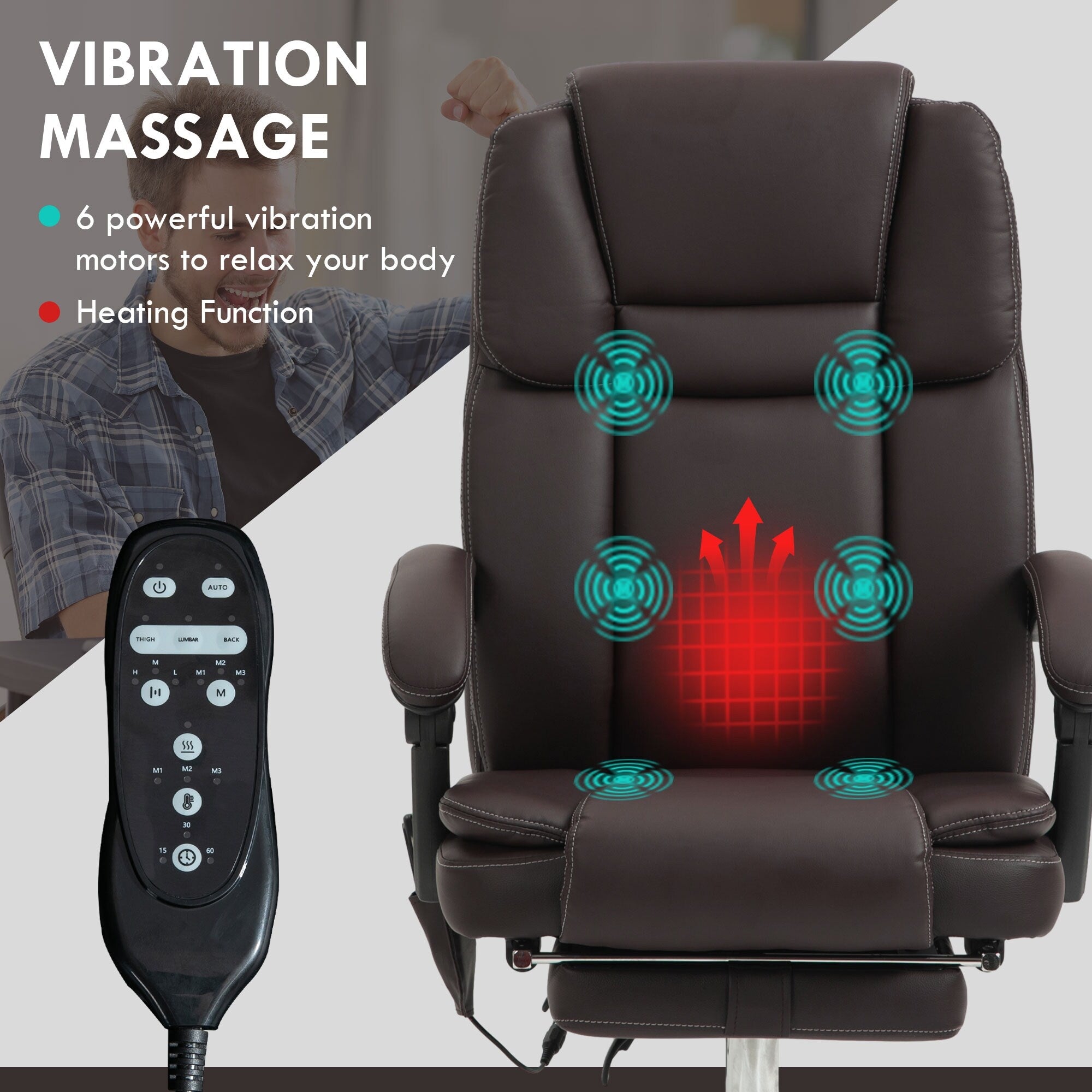 Fauteuil de bureau massant en cuir synthétique marron avec fonction inclinable chauffante, hauteur réglable et repose-pieds