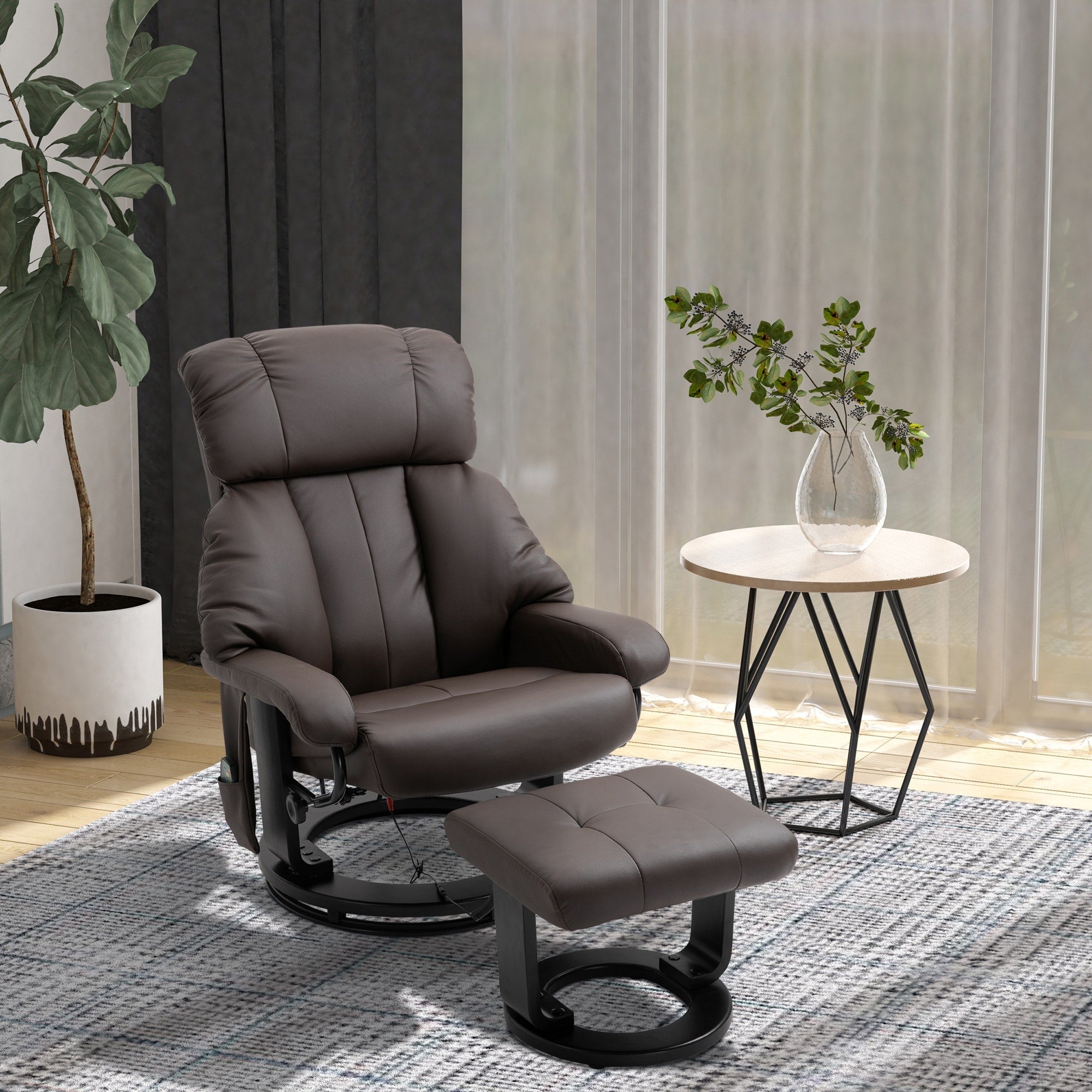 Fauteuil inclinable de massage en cuir synthétique marron avec repose-pieds, pivotant à 360° et télécommande