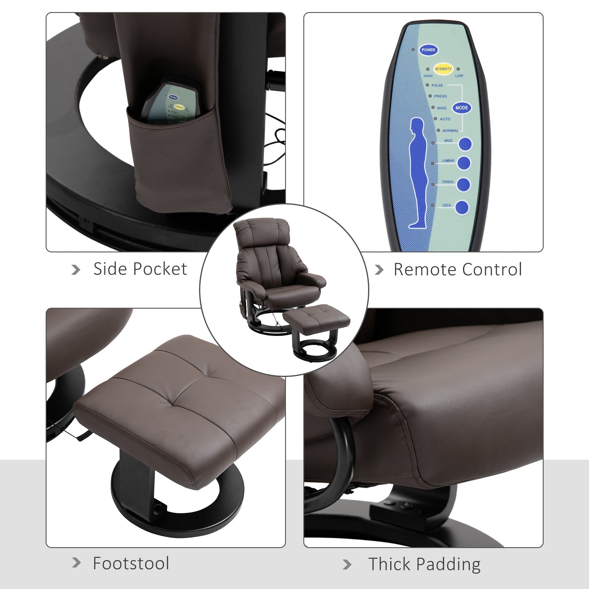 Fauteuil inclinable de massage en cuir synthétique marron avec repose-pieds, pivotant à 360° et télécommande