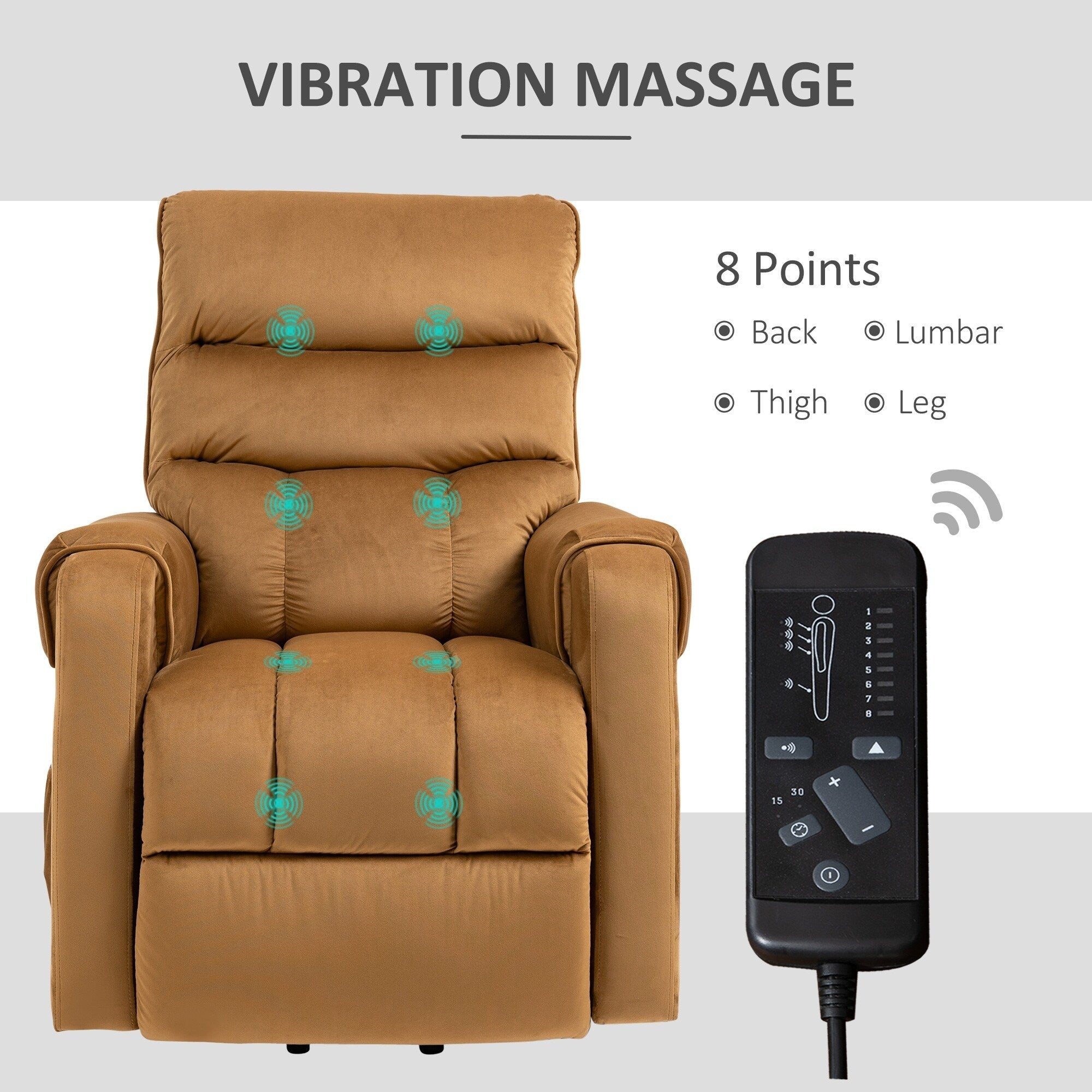 Fauteuil inclinable électrique rembourré en velours marron avec massage par vibration, télécommande, rangement latéral et inclinaison réglable